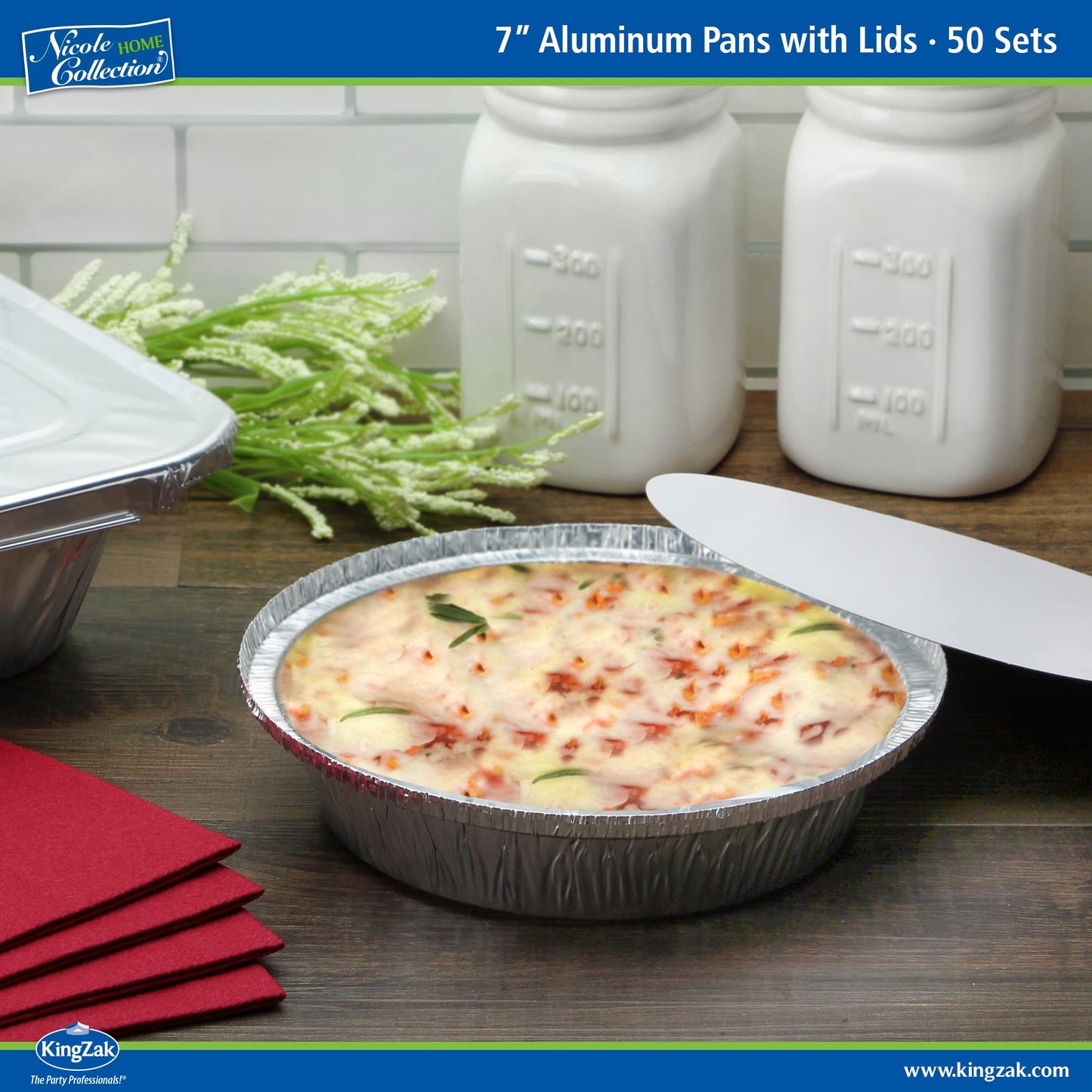 Nicole Home Collection Aluminum Pans 7” Round Disposable Foil Pans With Lids (50 Pack) – 7 Inch Round Disposable Takeout Pans With Board Lids (7" Inch Round)