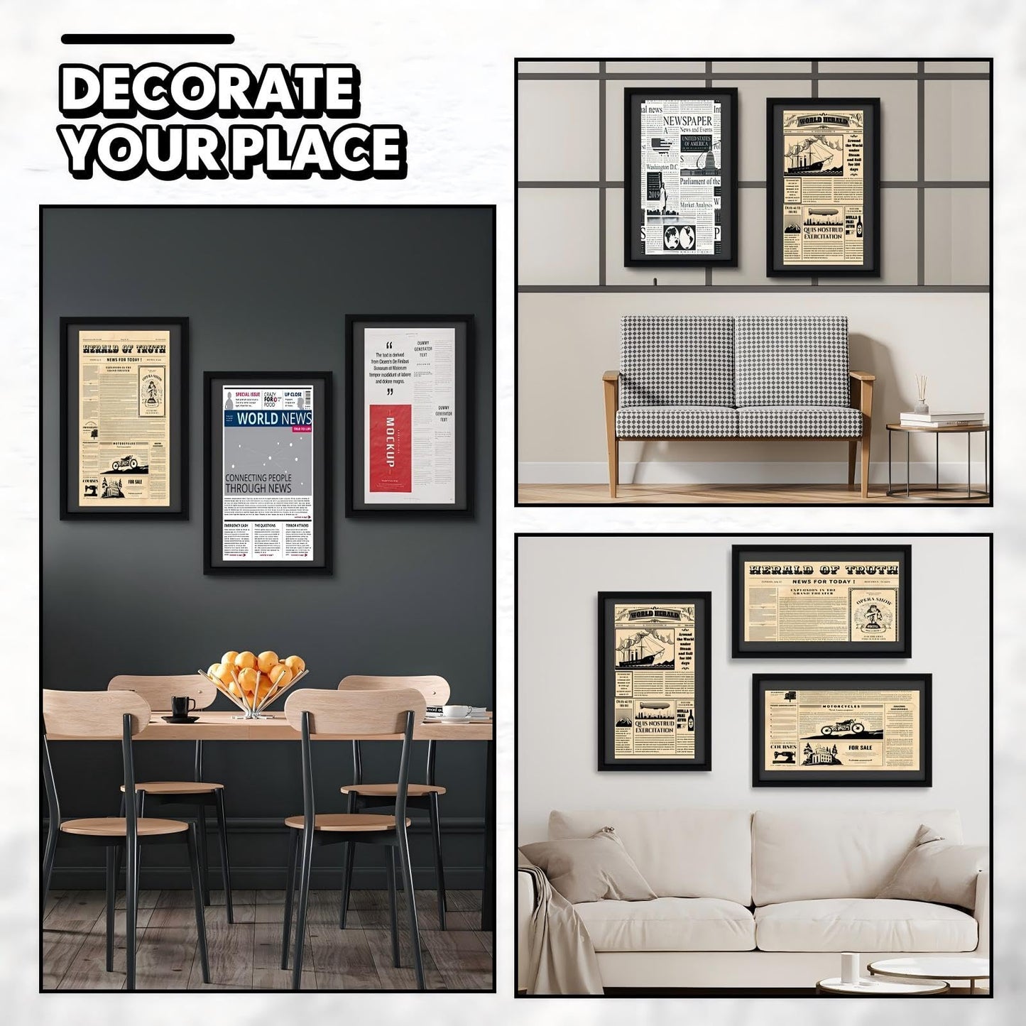 DoubleFill 3 Pcs 11x22 in Newspaper Frame with Mat Assorted Media Article Cover Frame with Hanging Hardware 14x24 in Newspaper Display Poster Frame for Wall Decoration (Black Mat)
