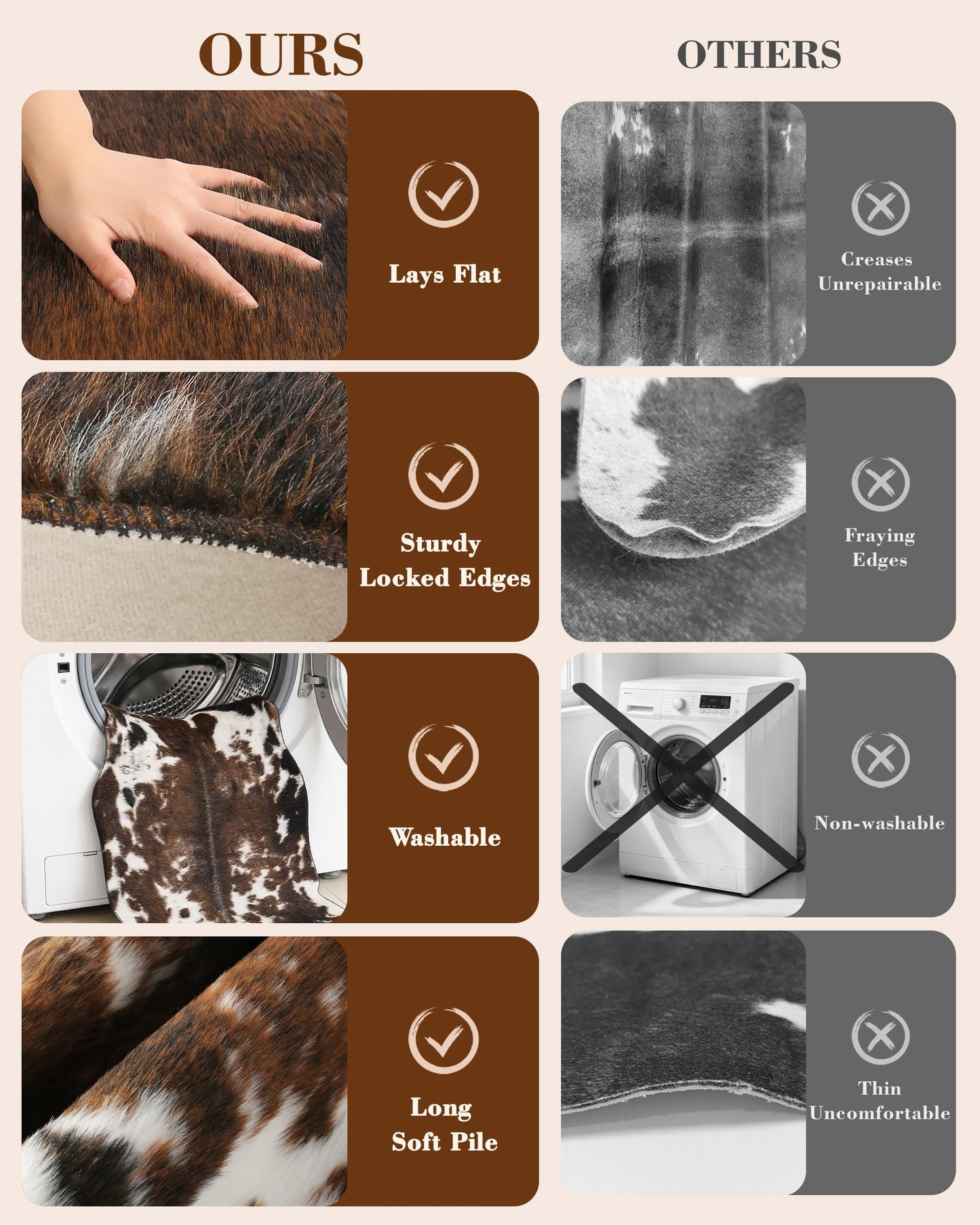 WMT NVMTER Faux Cowhide Rug, Fluffy Fur 4.6x5.2 Feet Washable Cow Print Rug for Living Room Bedroom Animal Print Hide Skin Rustic Western Décor Black and Brown