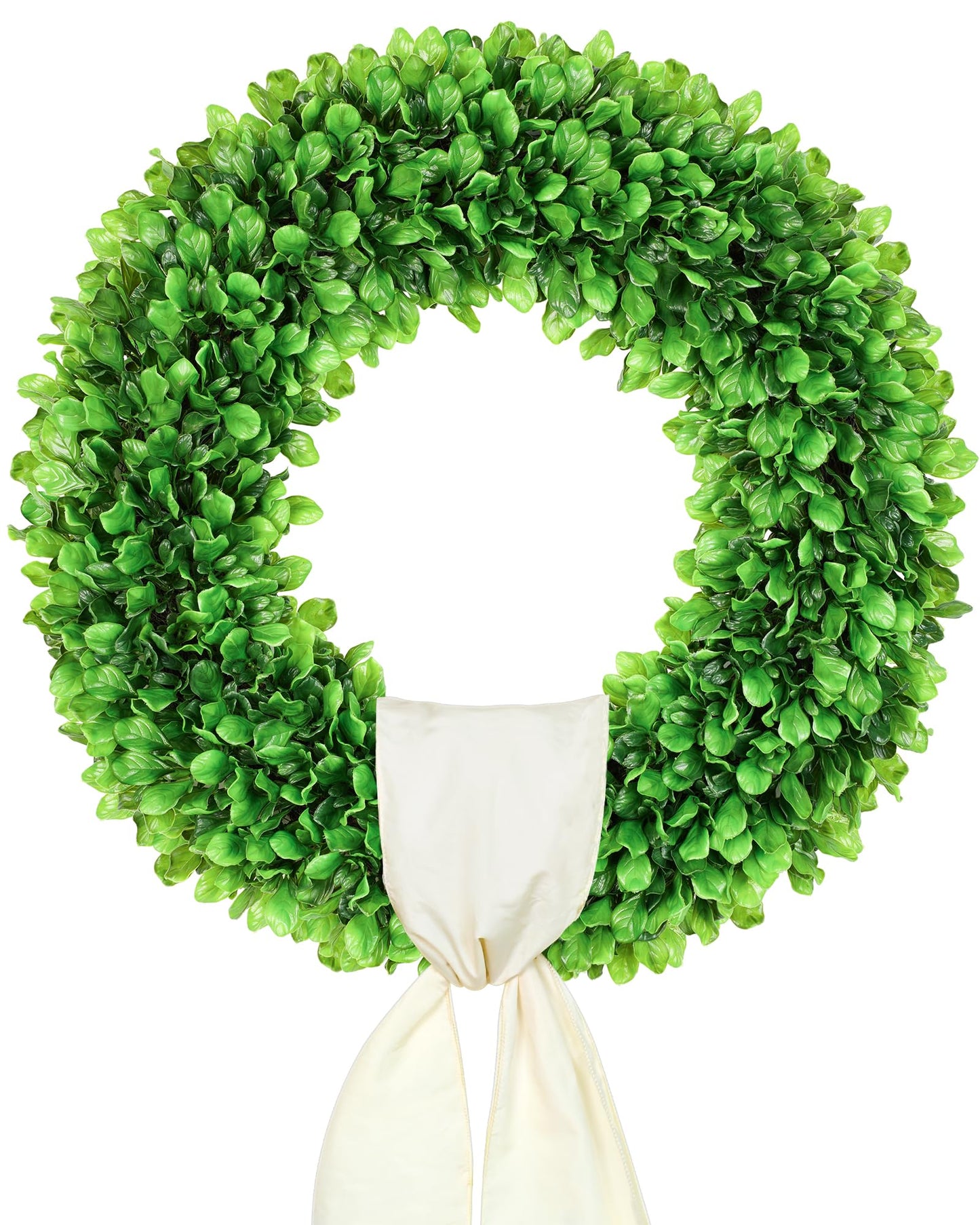 DDHS 23 Inch Large Boxwood Wreath for Front Door, Round Artificial Spring Summer Greenery Wreath with Hello Sign & Sash, Green Wreaths for Farmhouse Wedding Year Round Indoor Outdoor Home Decor