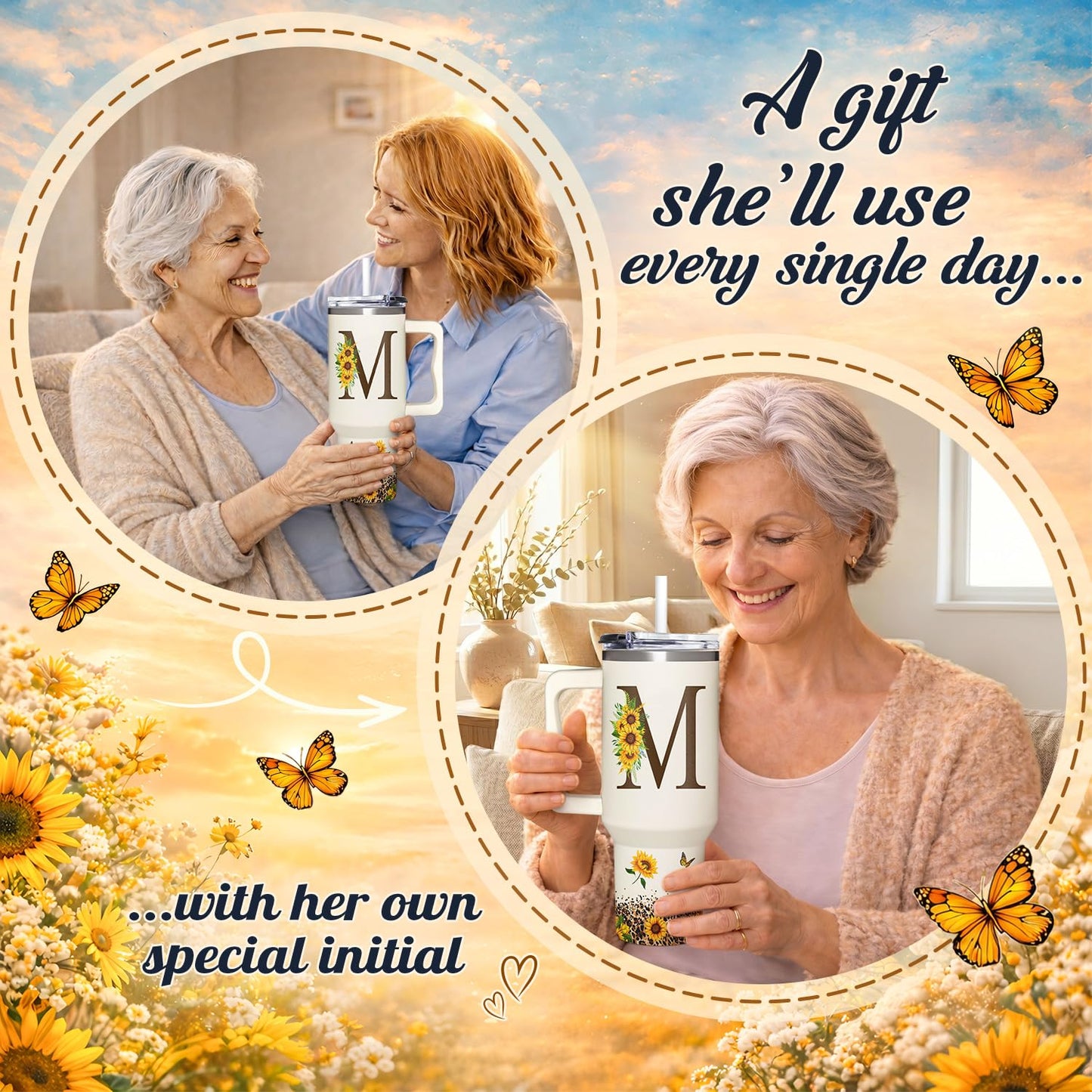 SUFAVN Personalized Mothers Day Gifts - Sunflower Gift For Women - Mothers Day Gifts For Sister, Daughter, Wife, Grandma - Mothers Day, Birthday Gifts For Mom, Her, Friend - Monogrammed Tumbler 40oz