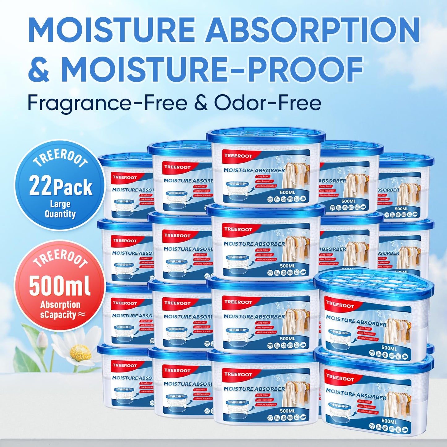 22Pack Moisture Absorbers, 10.6OZ Humidity Absorber Bucket, Moisture Absorbers for Closet, Dehumidifier Bucket for Wardrobes、 Kitchens and Bathrooms, Fragrance Free Humidity Absorber