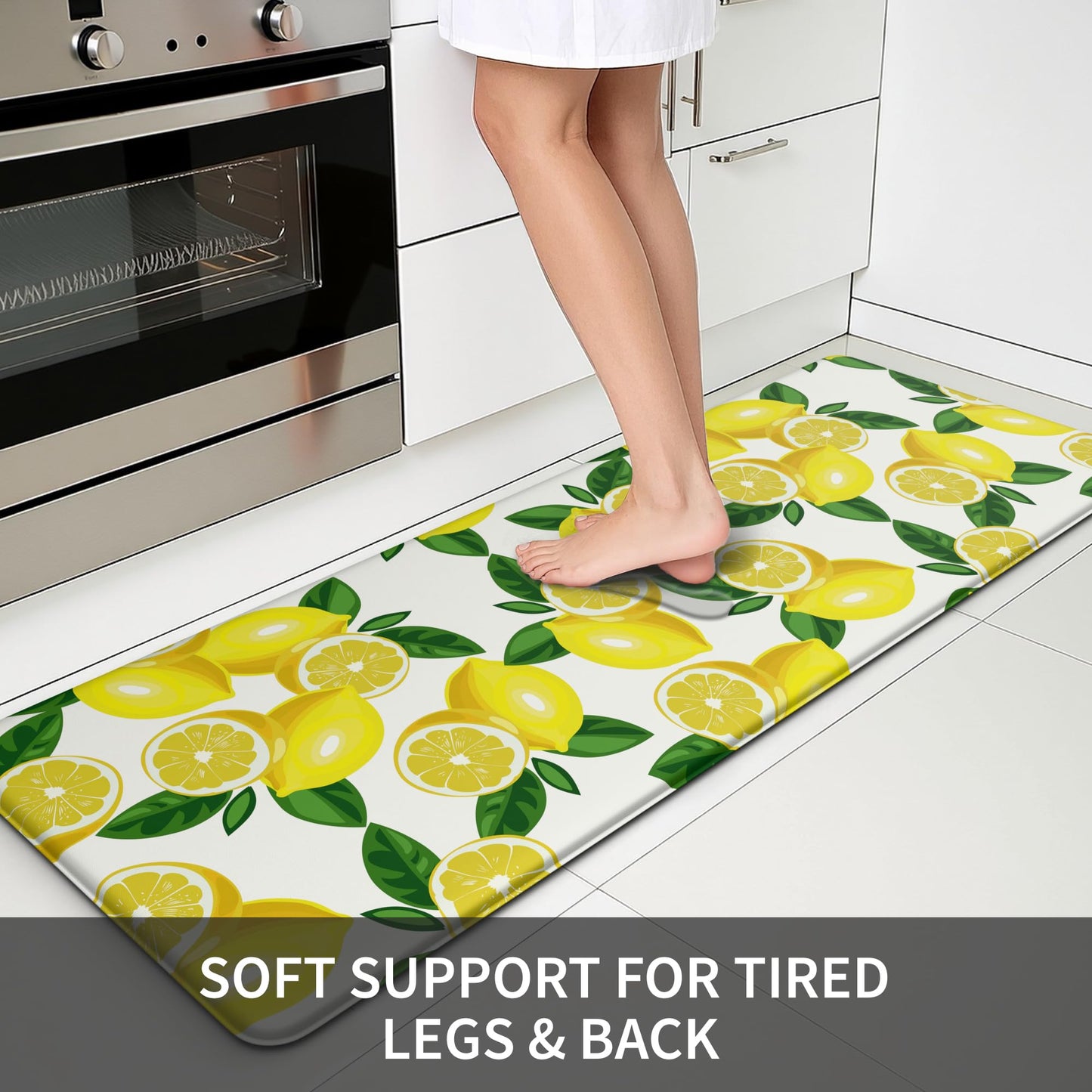MAYHMYO Lemon Kitchen Mat Set of 2 - Anti Fatigue Mats for Kitchen Floor - Non Slip Cushioned Rugs for Standing - Lemon Decor (17.3"×29"+17.3"×47"-0.4") White