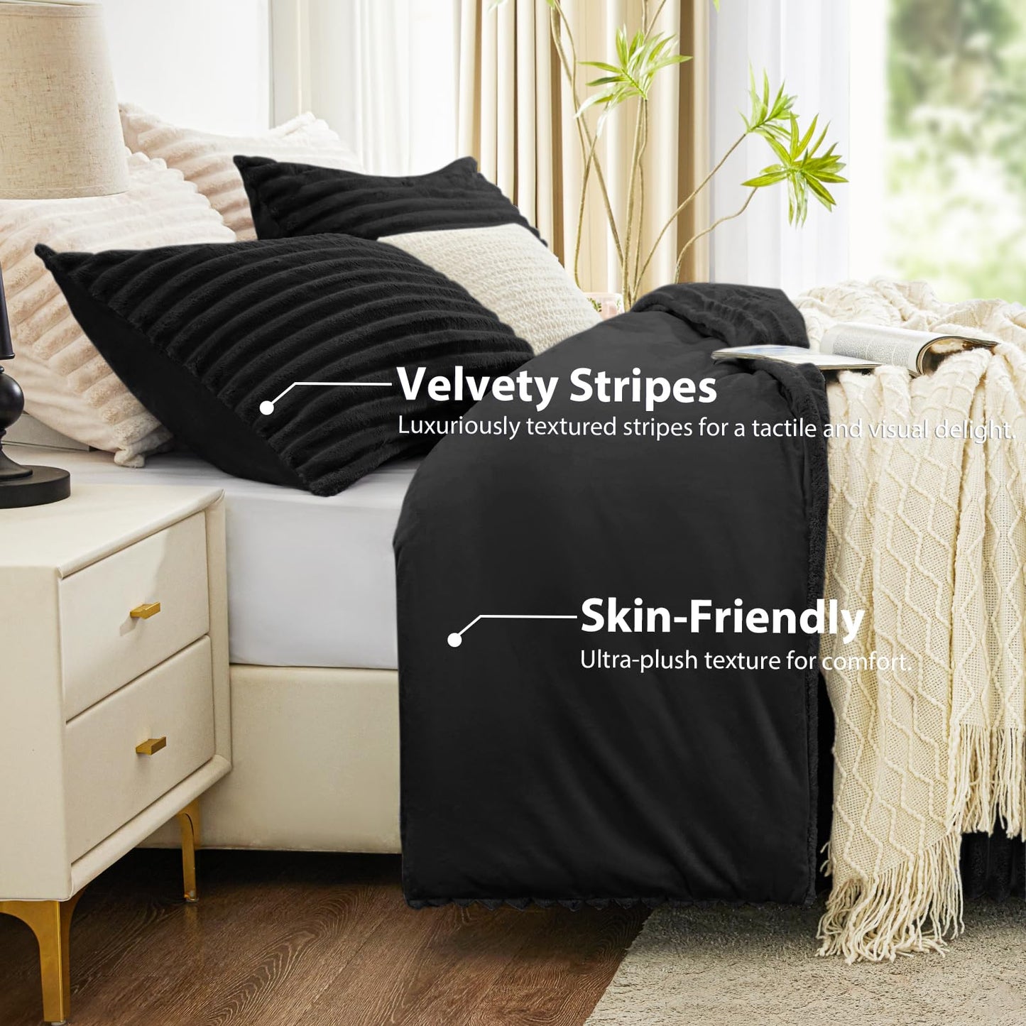 EXQ Home Fluffy Comforter Set Full Size - Super Soft Faux Fur Stripe Jacquard Comforter 3 Pieces, Black Fleece Bedding Set,Winter Warm Bed Set,1 Comforter with 2 Pillowcases