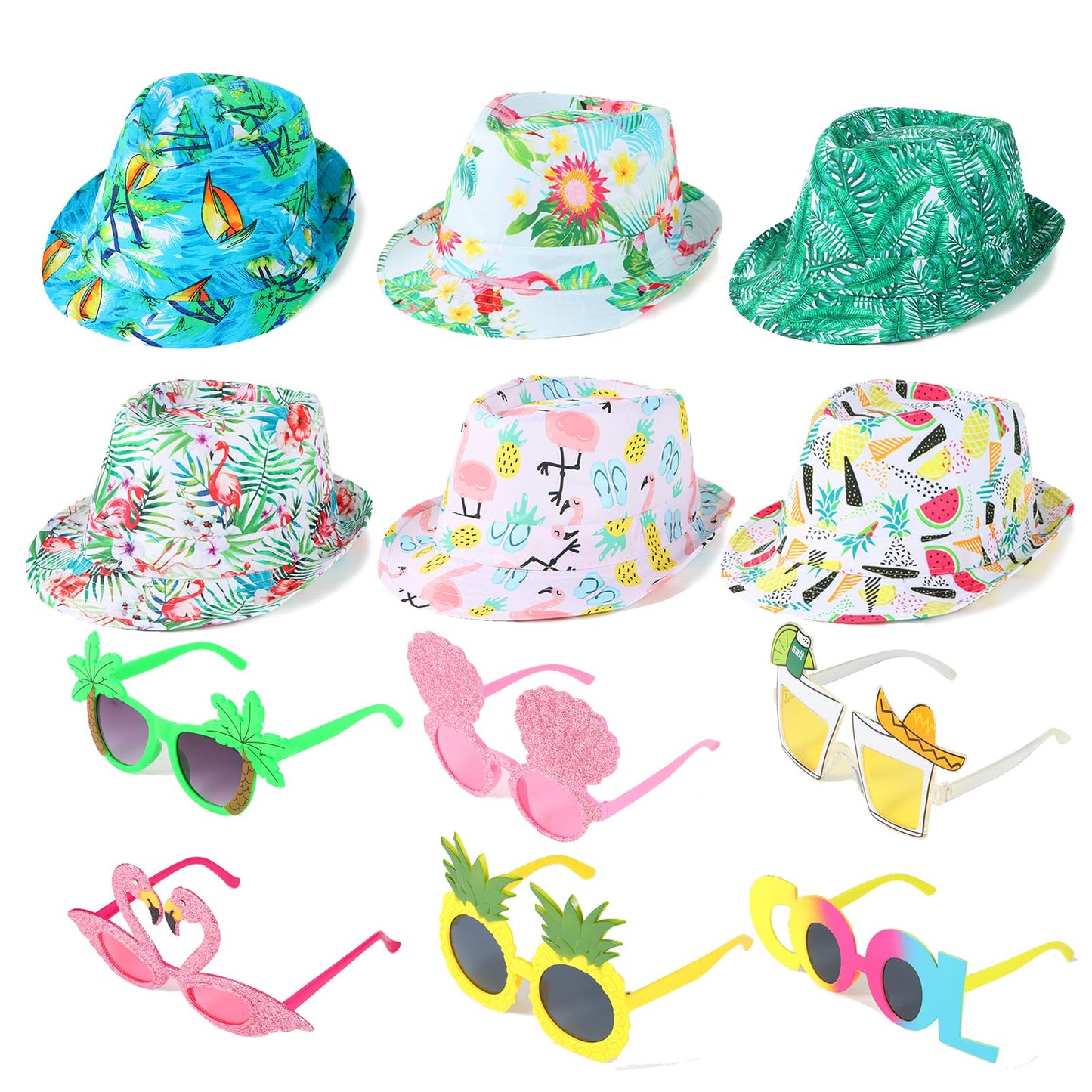 NICOWARM 6pcs Luau Fedora Hats, 6pcs Luau Party Sunglasses for Adults, with Luau Patterned includeing Flamingo, Pineapple, Photo Booth Props for Summer, Beach, Luau, Pool, Hawaiian Themed Parties