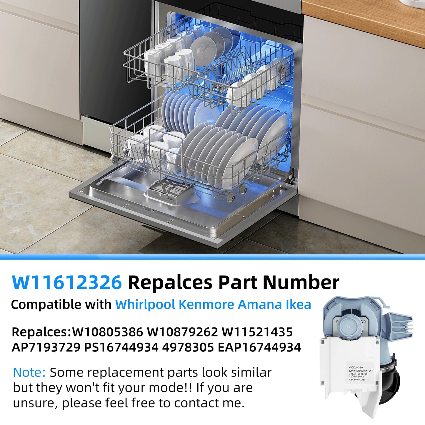 W11612326 W11521435 Dishwasher Drain Pump Replacement for Whirlpool Kenmore Amana WDF520PADM7 WDF520PADM9 WDF330PAHS3 WDP540HAMZ0 WDT540HAMZ0 W10805386 W10879262 AP7193729 PS16744934