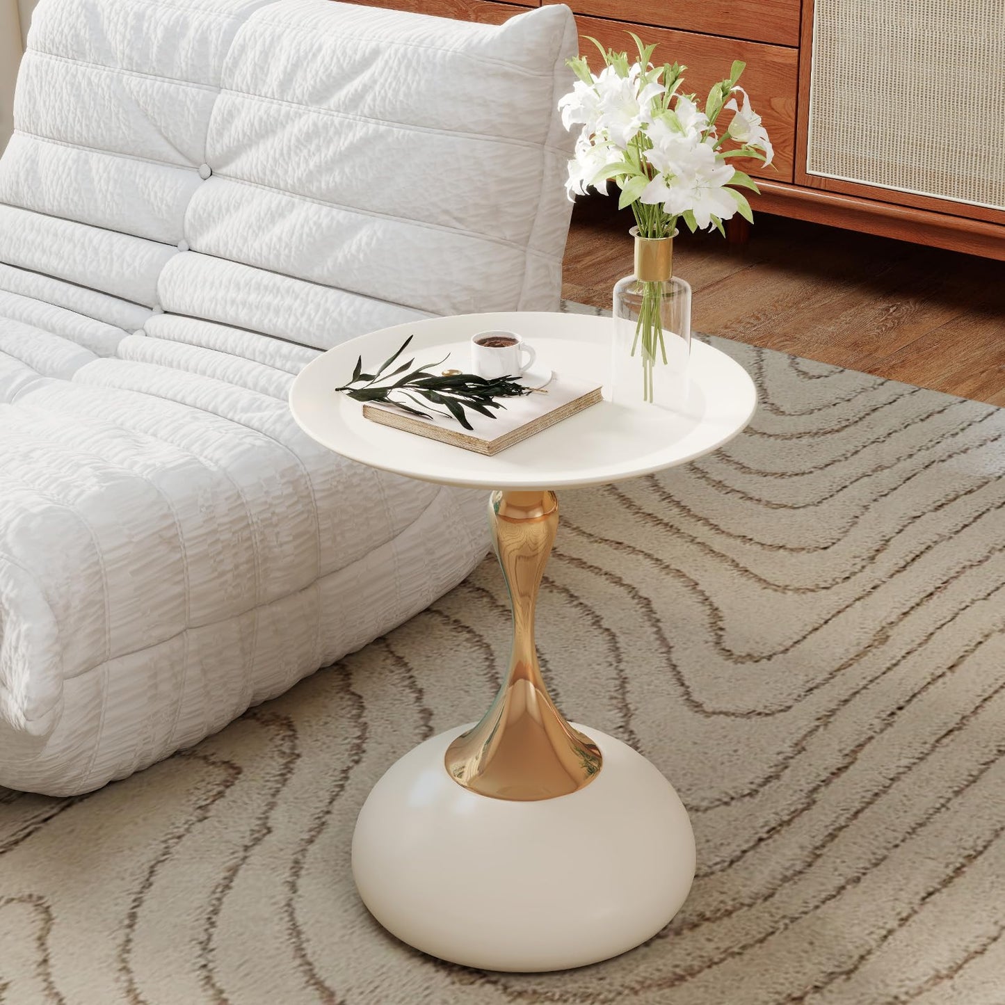 Metal Round End Table,Modern Pedestal Table,Corner Drink Tables,Accent Side Table Nightstand for Living Room,Patio and bar (White-Gold)