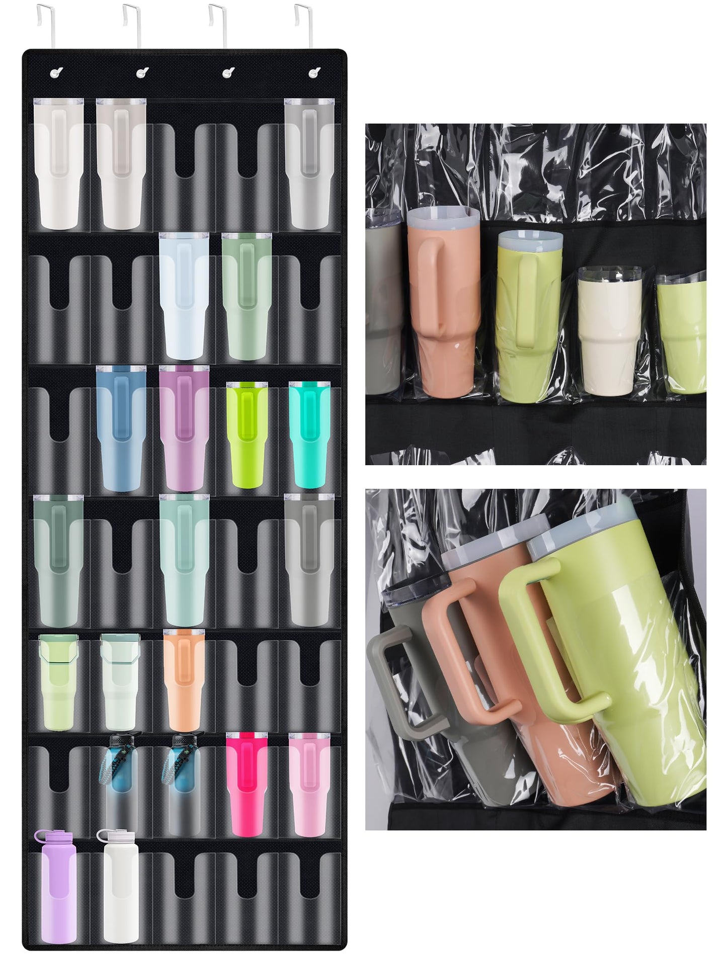 NiHome 35-Pocket Large Capacity Door Cup Organizer Fit for Stanley Tumblers 30oz, 40oz, Door Hanging Water Bottle Storage with Double-Sided Tape Stabilizer, Waterproof Oxford Fabric, Transparent