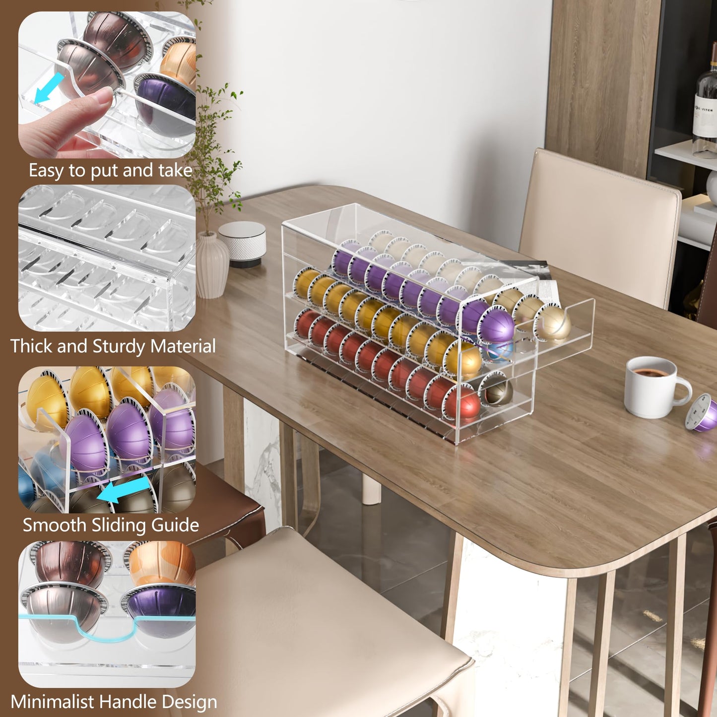 BXINREDA Acrylic Coffee Pod Organizer for Nespresso Vertuo Pod Holder 60 Pods Clear Vertuo Pod Storage Drawer (3 Tier)