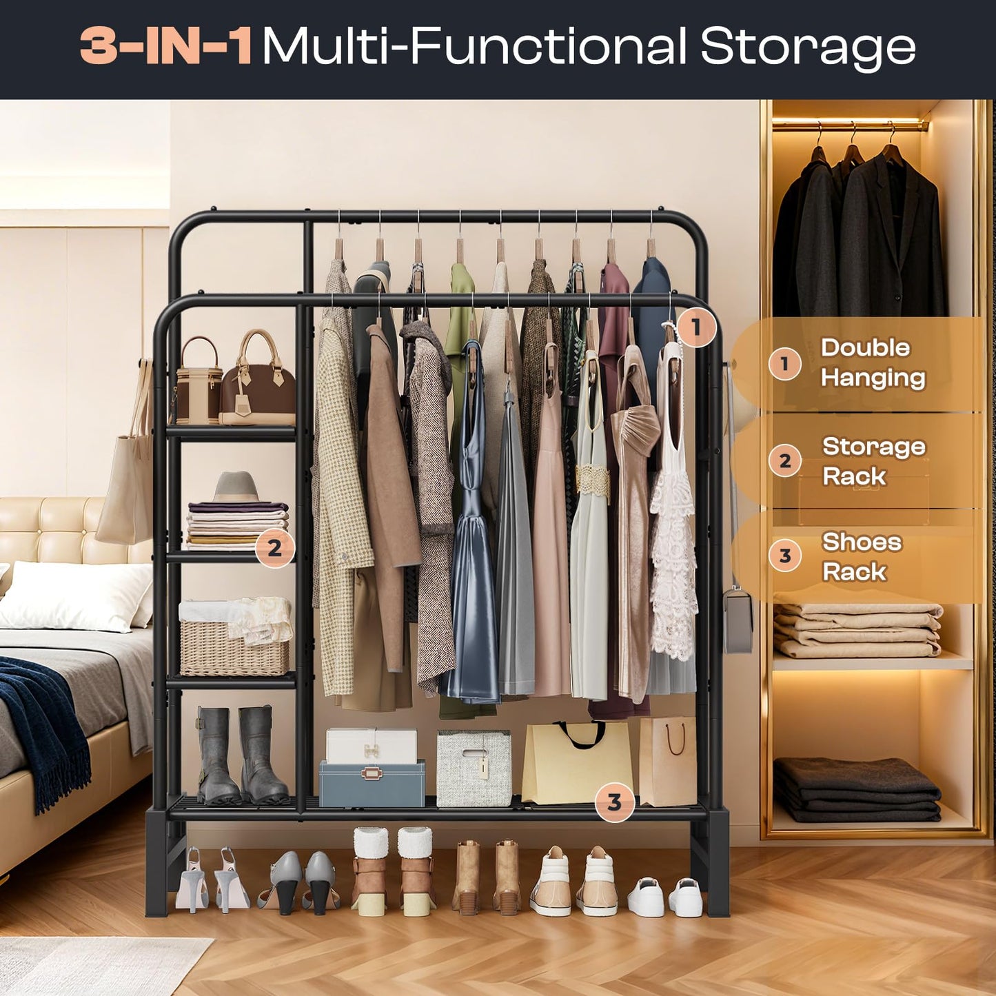 LZNIOZ Clothes Rack for Hanging Clothes, Double Rods Clothing Rack with 3 Tier Storage Shelves, Multifunctional Heavy Duty Garment Rack for Bedroom, Laundry, Wardrobe Closet, Black