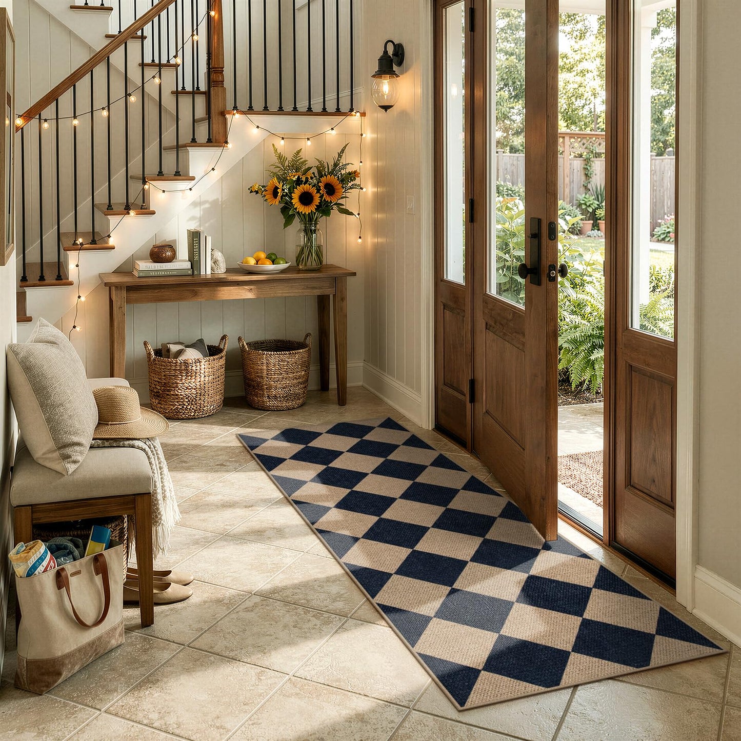 Lahome Colette Checkered Easy Jute Runner, 2x6 Kitchen Runner Rug Non Slip Washable Outdoor Rug for Entryway Indoor, Checkerboard Black Indoor Outdoor Carpet for Hallway 6ft Entry Front Door