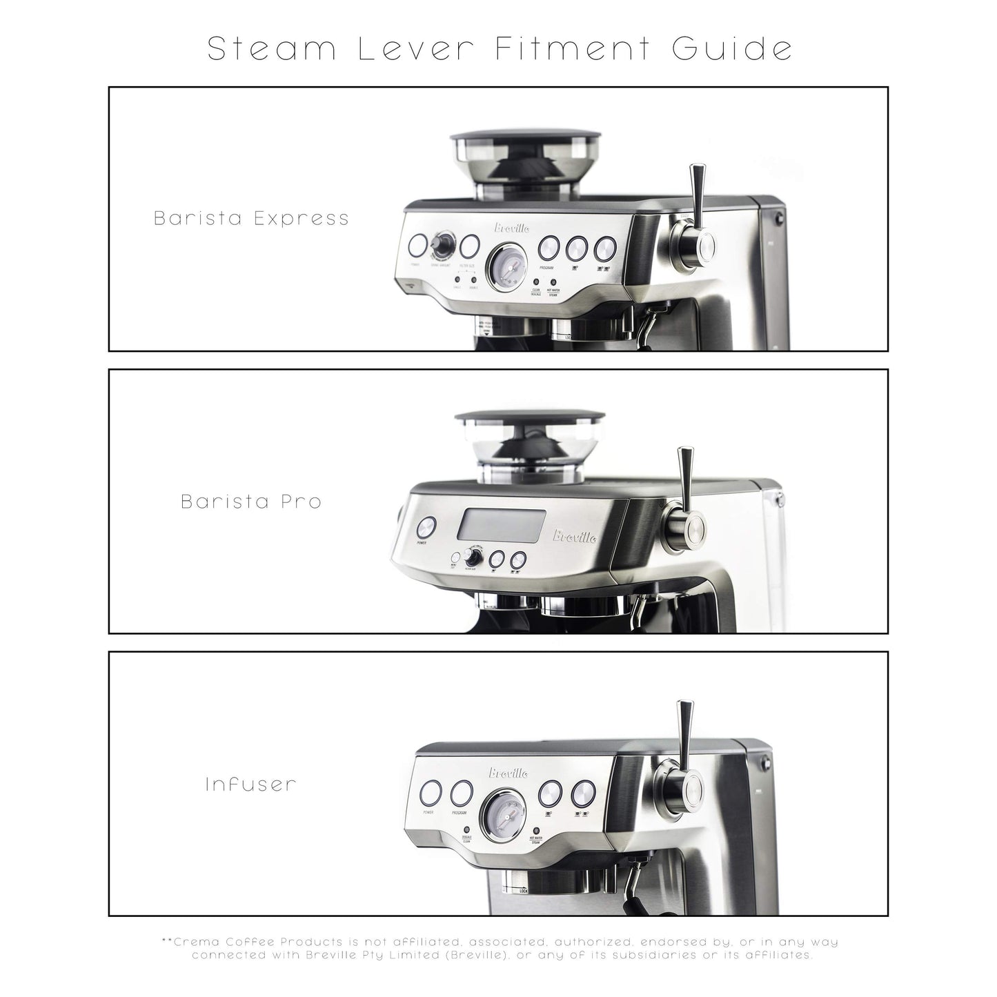 CREMA Coffee Products Replacement Steam Lever for Breville Espresso Machines | Ergonomic Stainless Steel Design | Compatible with Barista Express, Infuser, Barista Pro | Easy Grip | Silver Finish