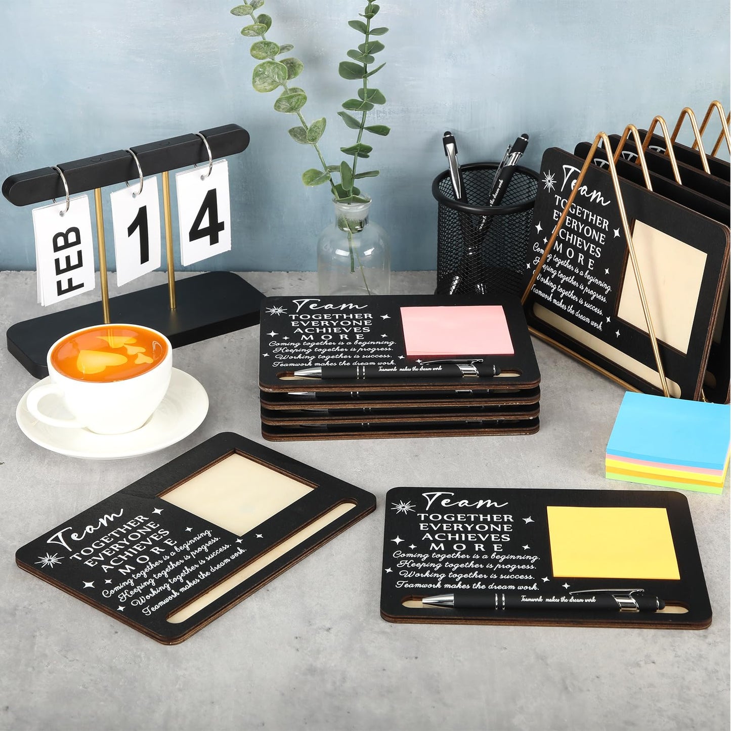 Kosiz 10 Set Employee Appreciation Gifts Wooden Sticky Note Holder with Notes and Ballpoint Pens Inspirational Sticky Notes Sets for Employee Coworker Staff Thank You Appreciation Gifts, Black