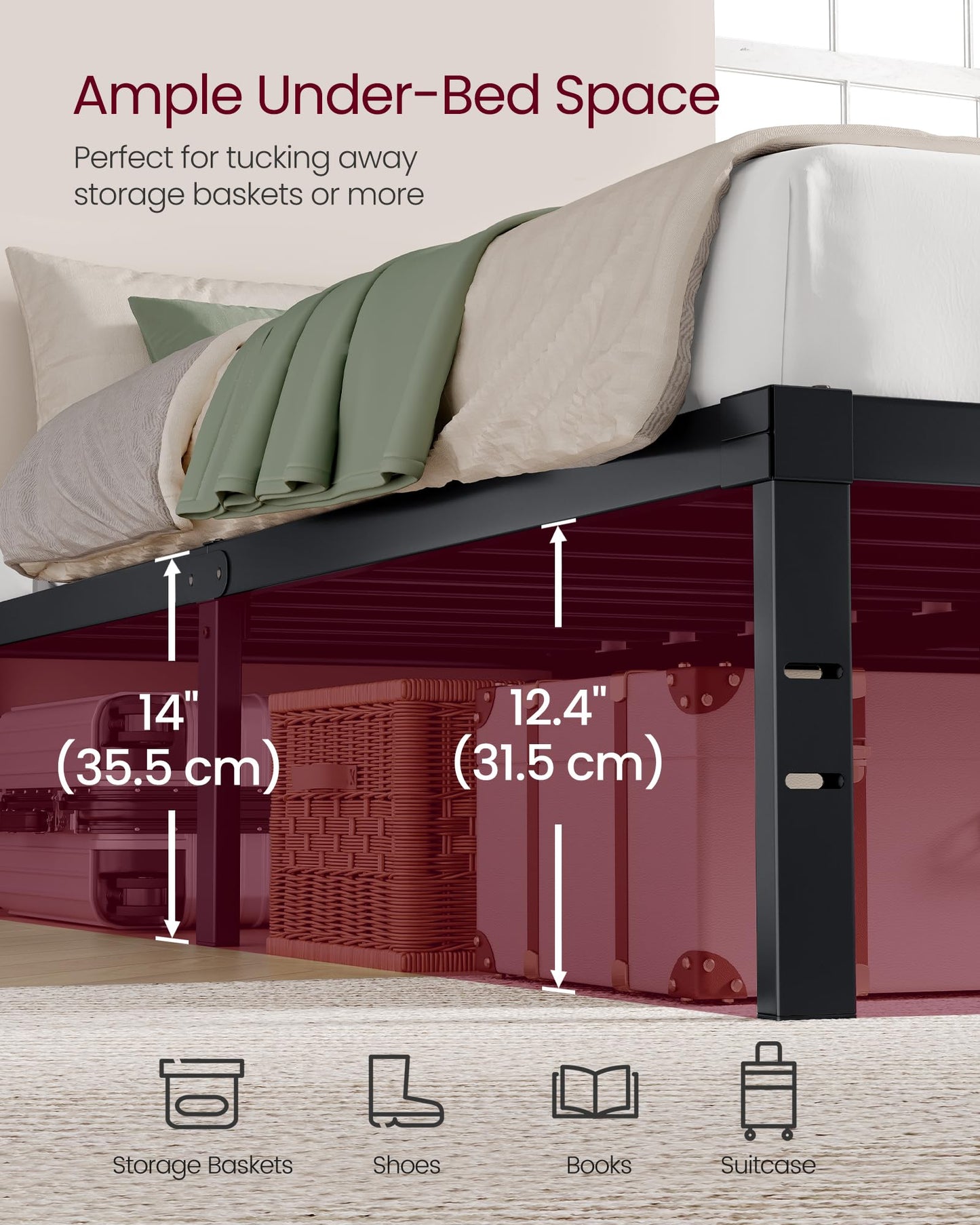 VASAGLE Queen Metal Bed Frame 14 Inches Tall, 1100 lb Weight Capacity, No Box Spring Needed, with Under-Bed Storage, Easy Setup, Heavy-Duty Platform Bed, Mattress Retainers, Matte Black URMB651BD02S