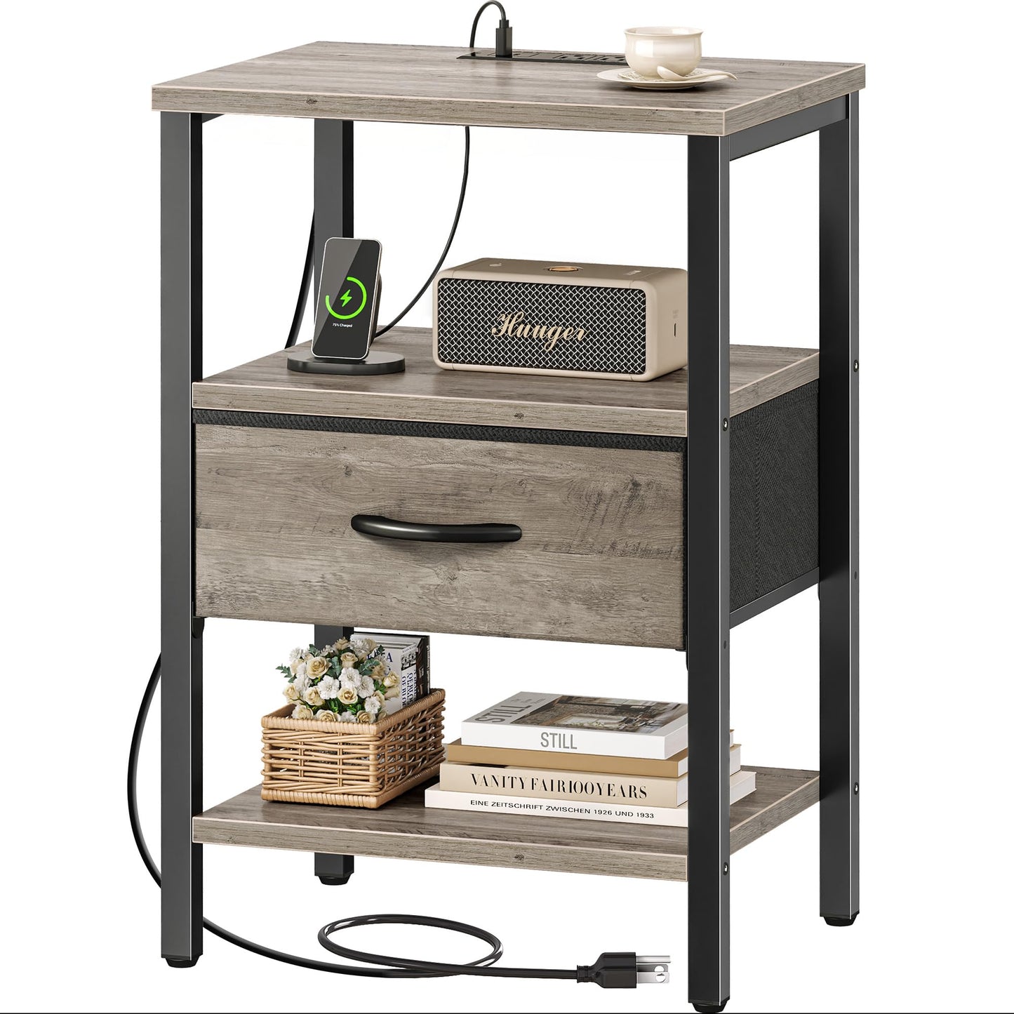 SUPERJARE Nightstand with Charging Station, Bed Side Table with Adjustable Fabric Drawer, Night Stand for Bedroom, 3-Tier Storage End Table, for Living Room, Oak