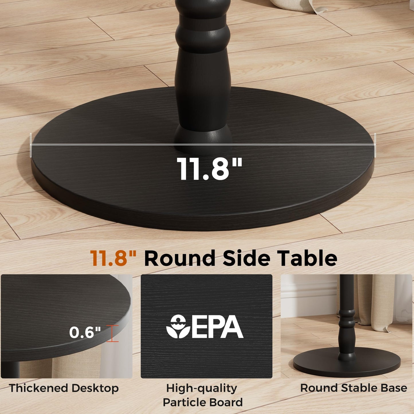 Homleke 12" Round Side Tables Set of 2, Solid Wood Pillar with Wood Top & Base, Small Drink Accent Table for Living Room, Bedroom, Sofa & Office, Easy Assembly, Black