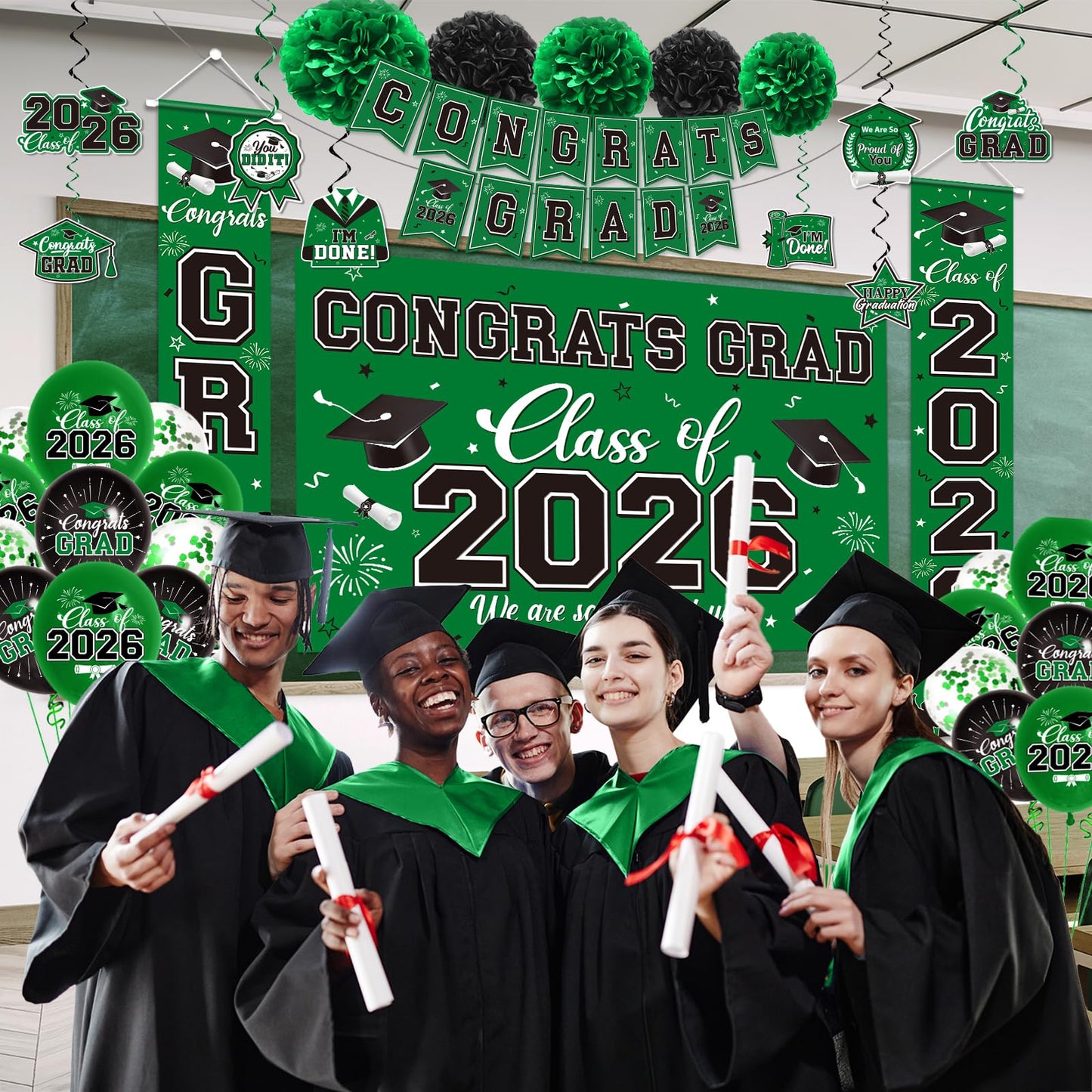 Graduation Decorations 2026 Green Party Decor Set with Congrats Grad Banner, Class of 2026 Backdrop, Balloons, Box & Streamers Supplies for High School & College Celebrations