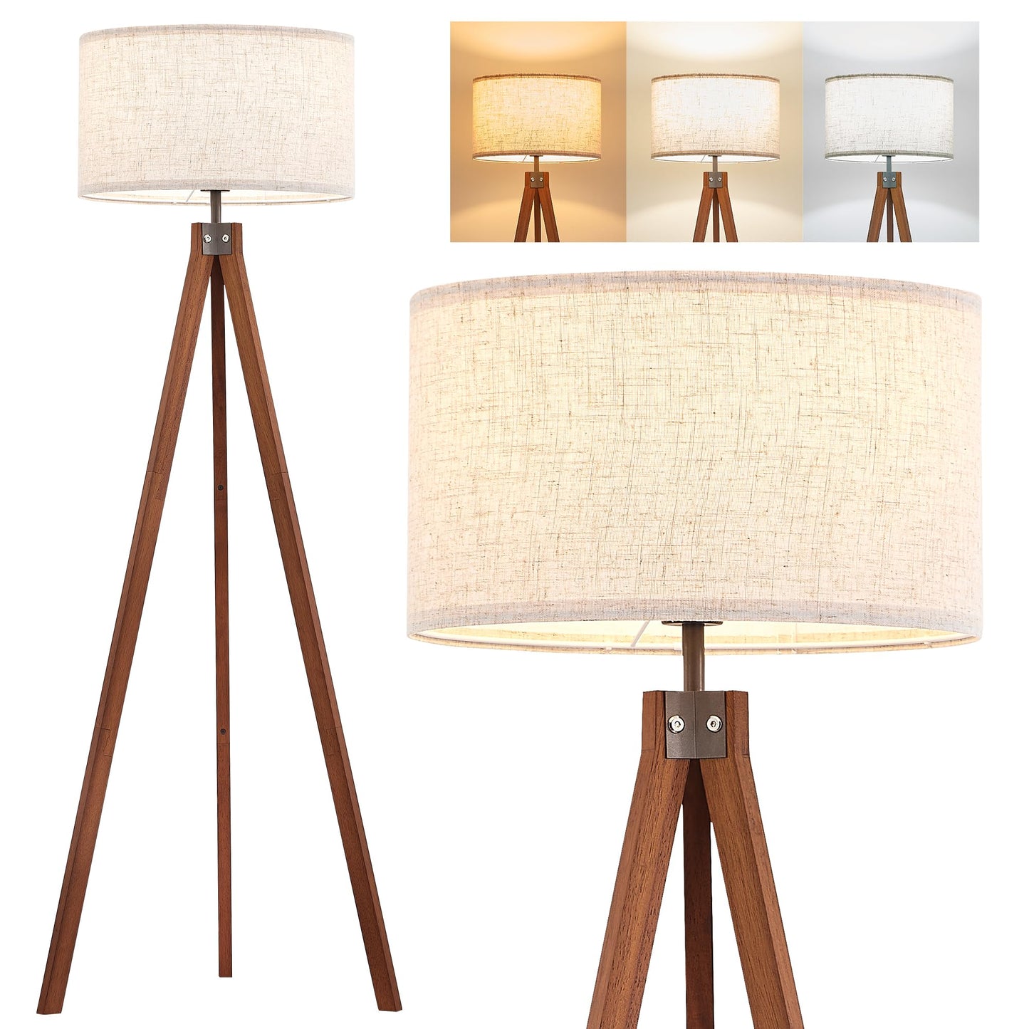 ELYONA Solid Wood Tripod Floor Lamp with 3 Color Temperatures LED Bulb, Mid Century Modern Reading Standing Light Nature Linen Shade Tall Night Light for Bedroom Living Room Office Study Room, Brown