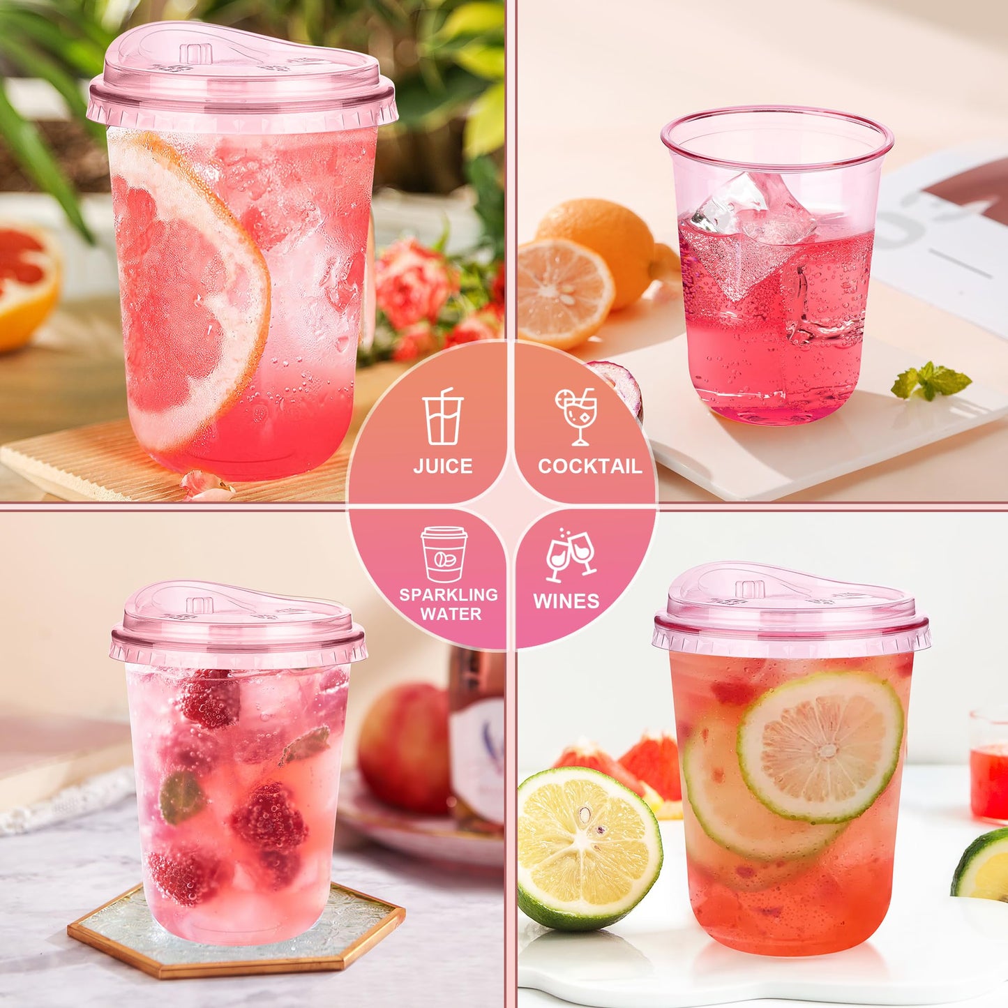 KesaPlan 50 Pack 16 oz Pink Plastic Party Cups with Sip Lids, Disposable Iced Coffee Cup with Lid, Round Bottom Stemless Glasses Drinking Cups for Valentine's Galentine's Bachelorette Party Holiday
