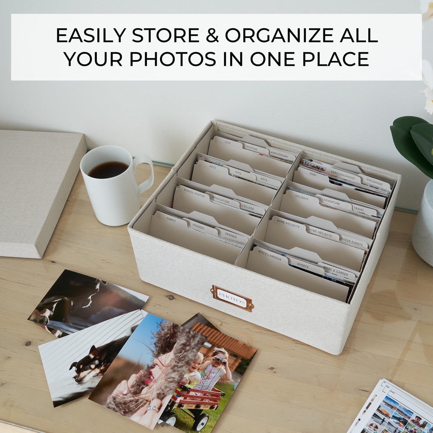 ZICOTO Decorative Photo Storage Box - Sturdy Linen Photo Organizer with Dividers is Perfect to Store up to 1700 Pictures and 4x6 Photos - Portable Scrapbook Storage Containers with Lid