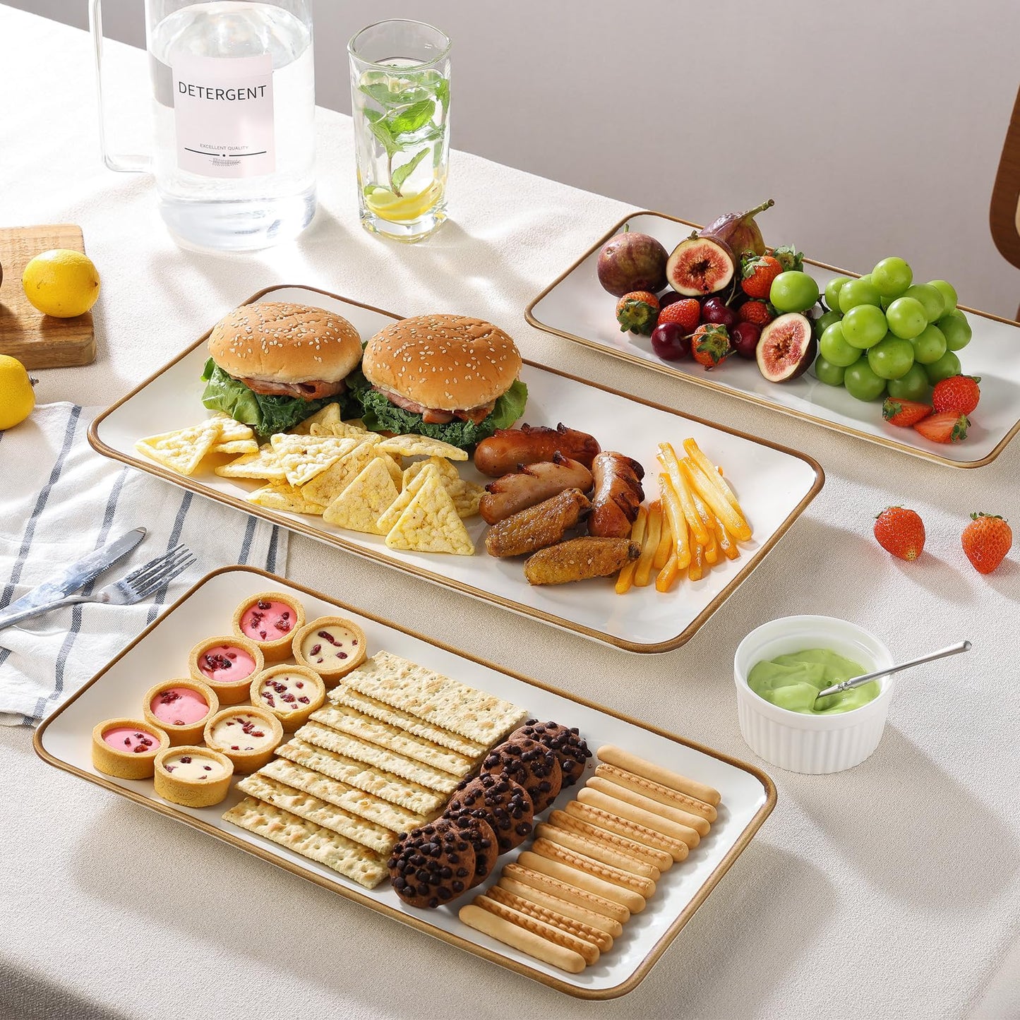 CULIVORA Ceramic Rectangle Serving Platter with Brown Rim: 15.6/14.1/12.6 Inch Large Serving Dishes for Entertaining Party, Sushi, Turkey, Cheese, Snack and Dessert, Microwave Dishwasher Safe