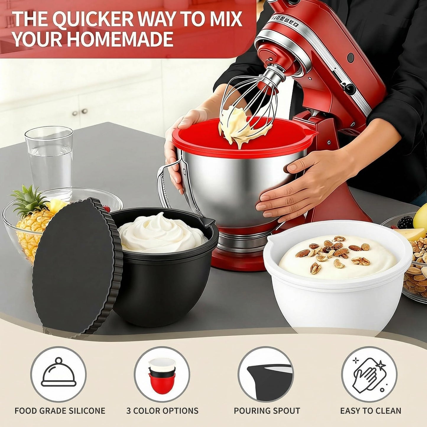 Hexnova 3 Pack Silicone Bowl Liners with Lids Compatible with KitchenAid 5 Qt Tilt-Head Mixer, Bowl Inserts with Measuring Lines, Pour Spout, Hanging Hole for Mixing, Proofing & Storage