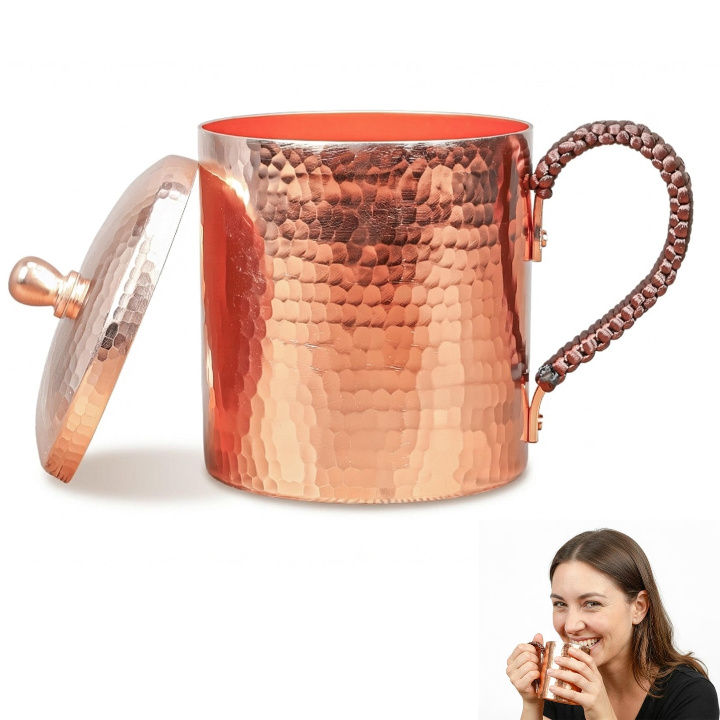 CigeZaus 18.6oz Pure Copper Mug with Lid – Hand-Hammered Solid Copper Tumbler for Drinking Water, Detox & Wellness – Ayurvedic Gift for Yoga, Meditation, or Camping