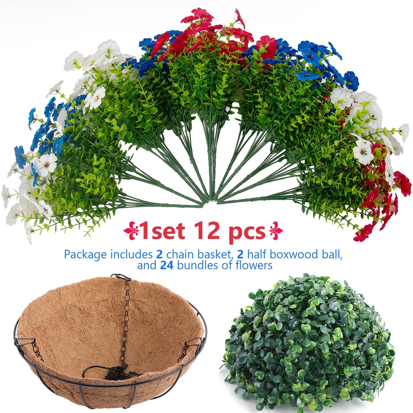 Hananona 2 Set Artificial Outdoor Flowers with Hanging Basket, 2 Hanging Planters with 24 Pcs Patriotic Flowers for Summer Front Porch Patio 4th of July Decor (Red, White, Blue)