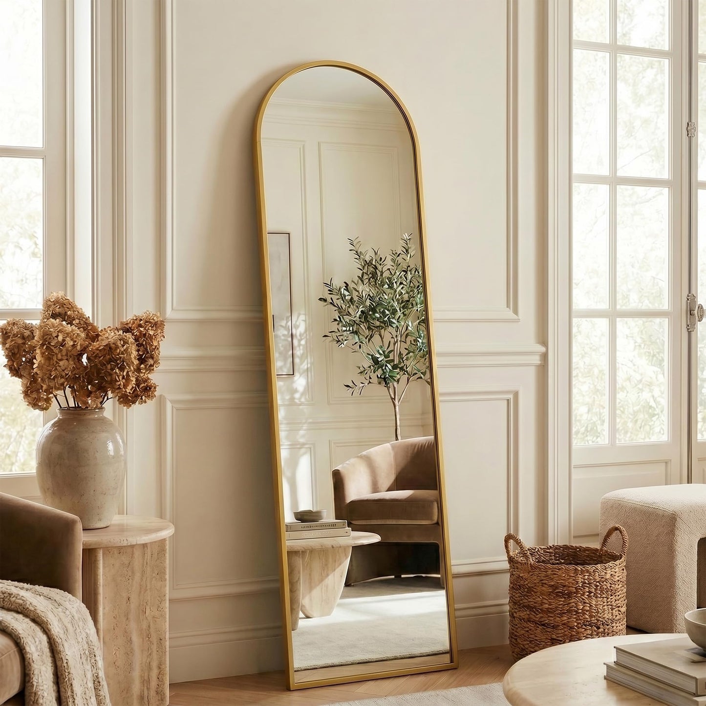 Suidia 56"x14" Arched Full Length Mirror with Stand, Full Body Mirror with Aluminum Frame, Freestanding/Leaning/Wall-Mounted, Floor Mirrors for Bedroom, Living Room, Entryway, Dressing Room, Gold