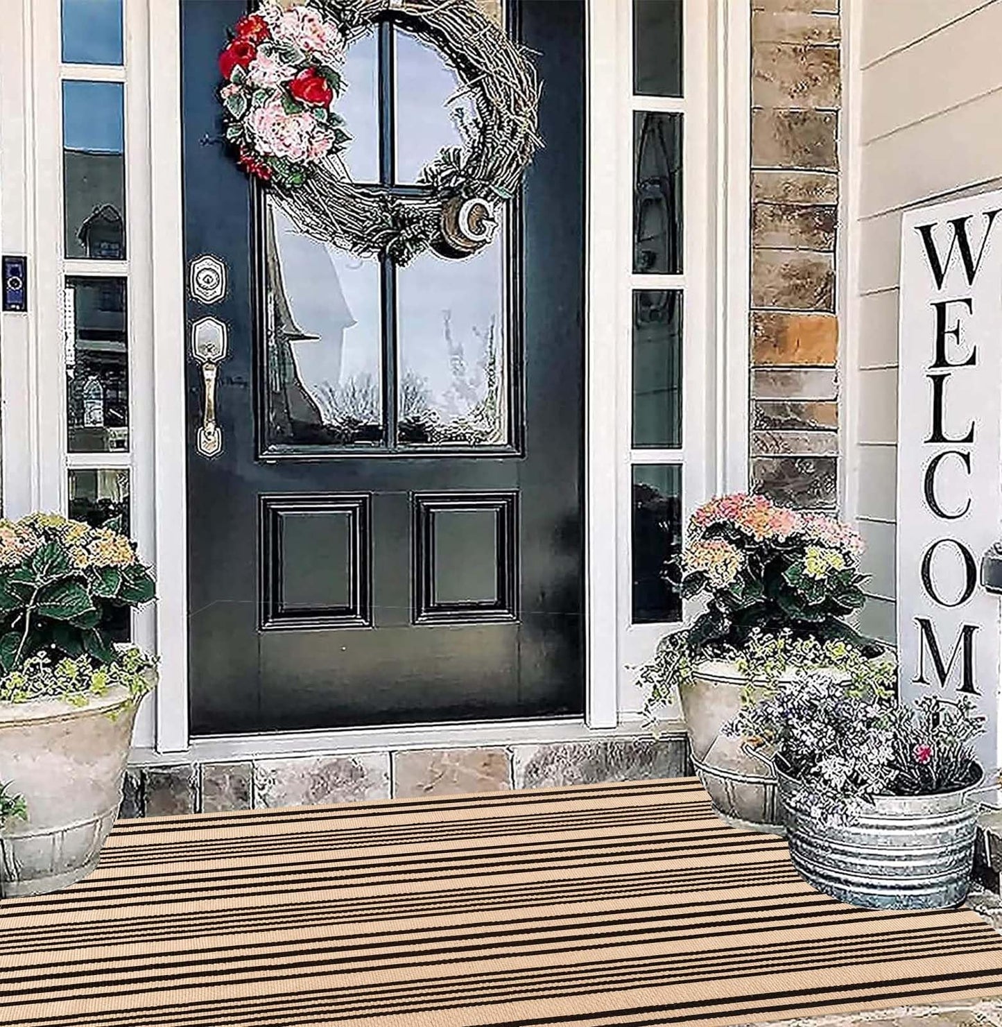 BUAGETUP Outdoor Rug 3'x 5',Tan Striped Washable Area Rug Hand-Woven Cotton Rug Indoor/Outdoor Area Rug Floor Mat for Farmhouse Living Room Bedroom