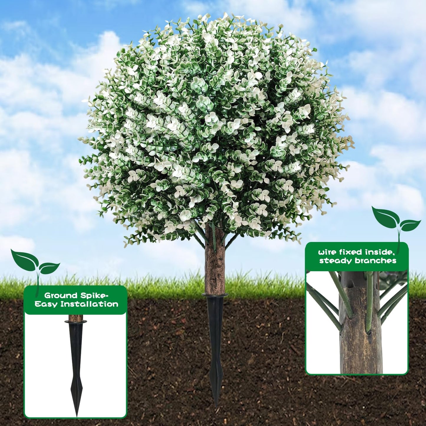 24.5" Artificial Boxwood Topiary Ball Trees with Spikes – Fake Bushes Eucalyptus Shrubs 2 Pack, UV Resistant Faux Plants Foliage for Outdoor Planters Porch Garden Indoor Office, Spring Decor – White
