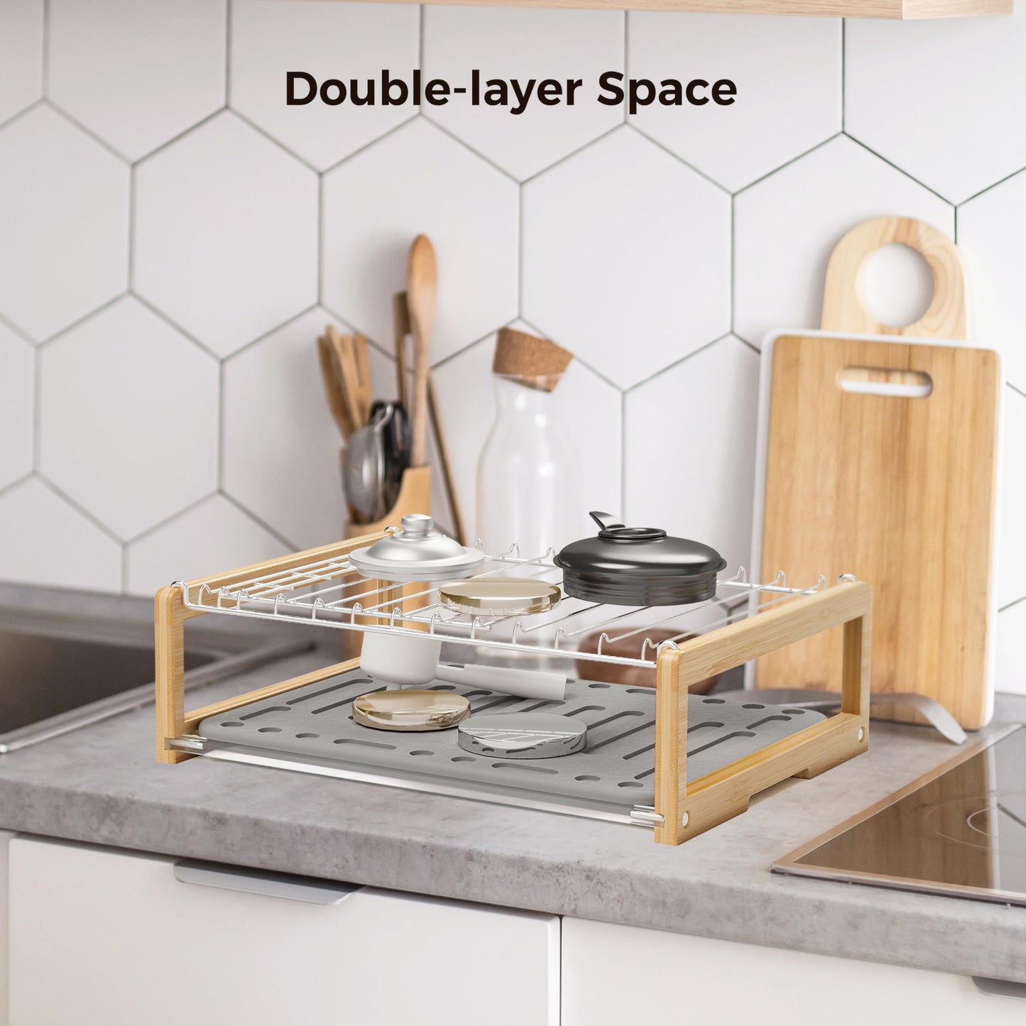 Wealone Stone Dish Drying Mat with Stainless Steel Dish Rack, Super Absorbent Diatomaceous Earth Dish Drying Mat, Large Size Stone Drying Mat, Fast Drying Dish Racks for Kitchen Counter