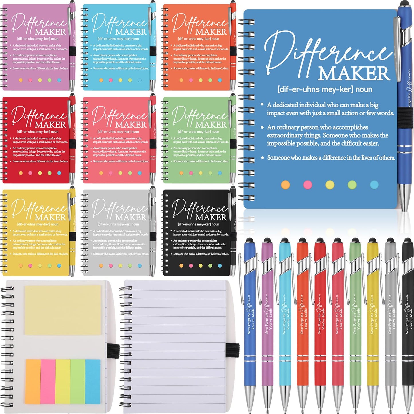 Skyygemm 20 Sets Difference Maker Gifts Bulk Employee Appreciation Gifts Spiral Notebook Journal with Sticky Notepad Index Tabs Thank You Gifts with Ballpoint Pens for Coworker Teacher (Multicolor)