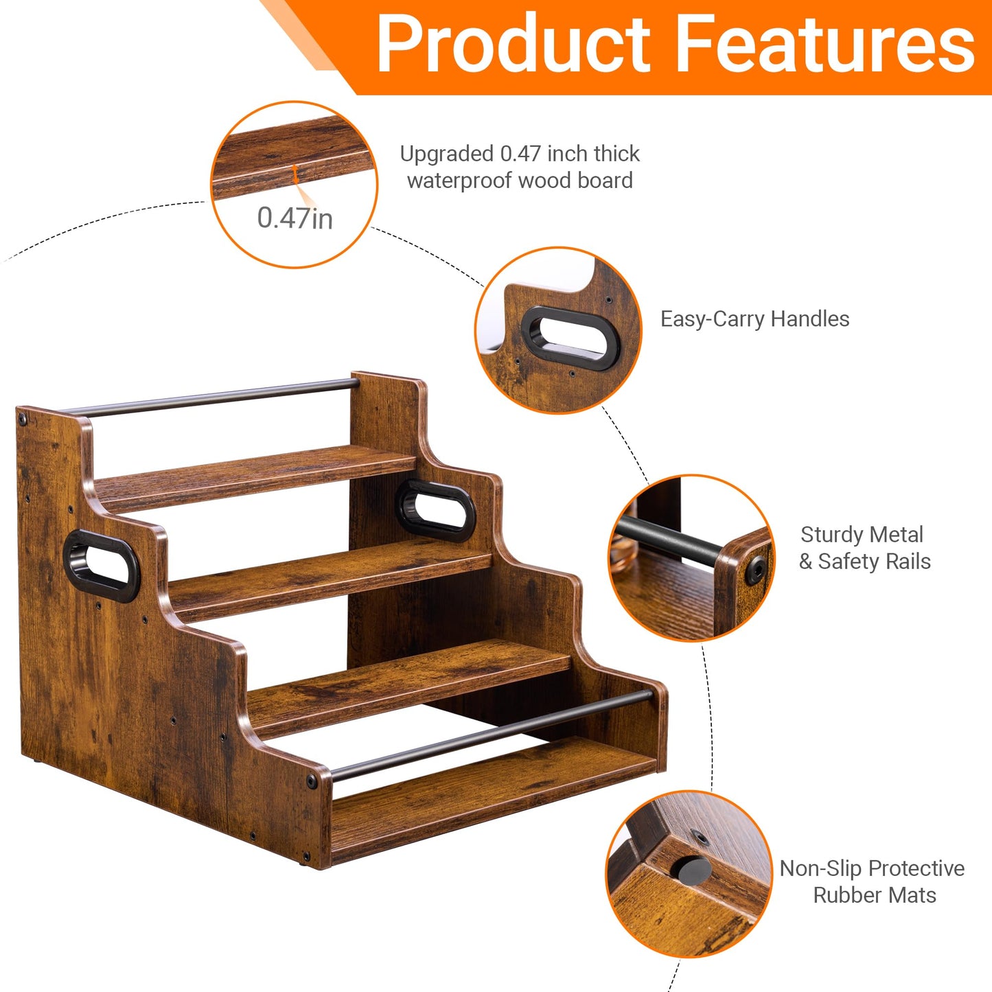 YQBRAO 4-Tier Tiered Liquor Bottle Display Shelf - 16-Inch Rustic Wood Liquor Rack & Coffee Syrup Organizer - Heavy-Duty Countertop Spice Rack with Guardrails & Handles for Bar, Kitchen, Office