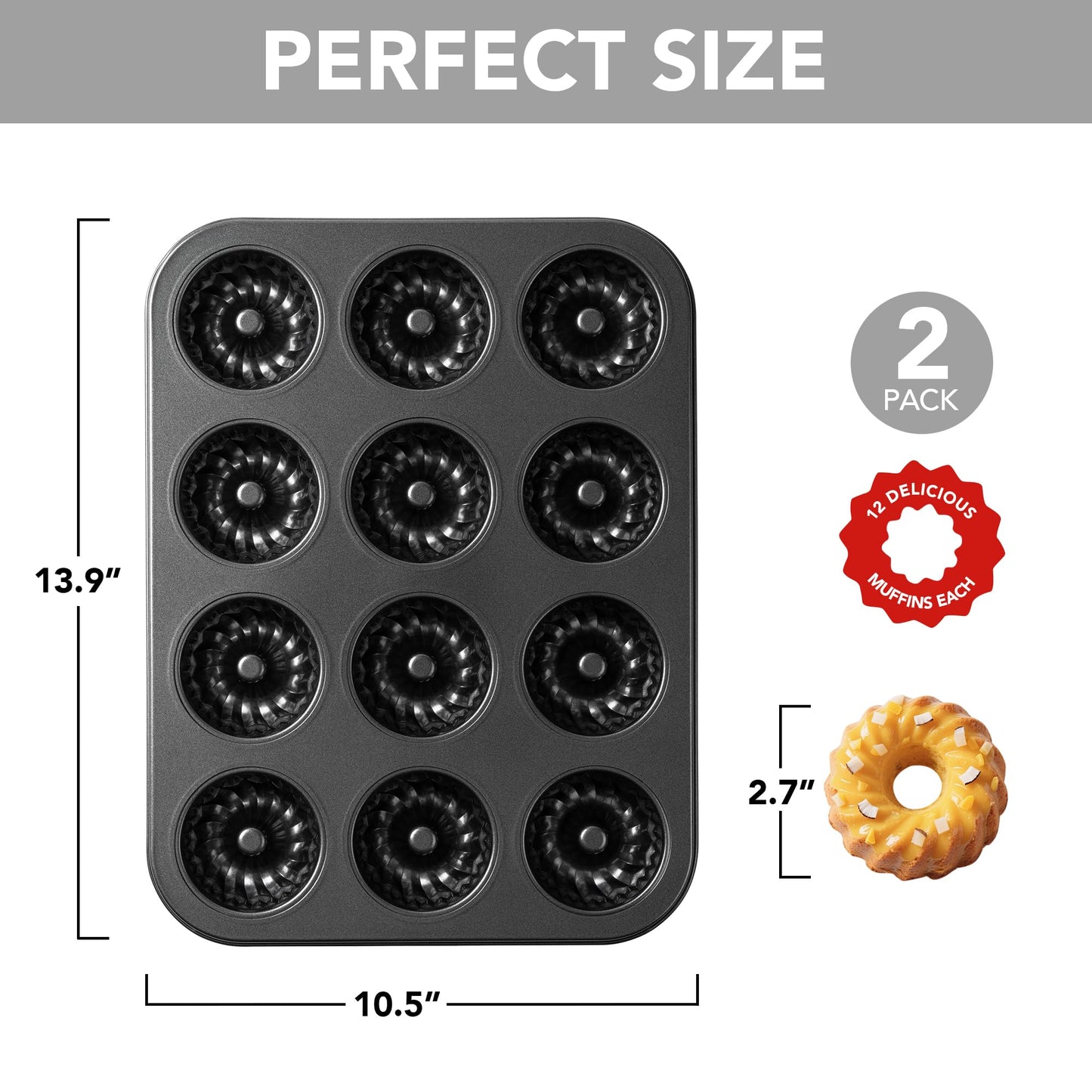 Tiawudi Mini Fluted Tube Cake Pan, 12 Cavity Baking Pan, Non-stick Baking Mold for Cupcakes, Donuts, Cornbread, Brownies, Jellies, Set of 2