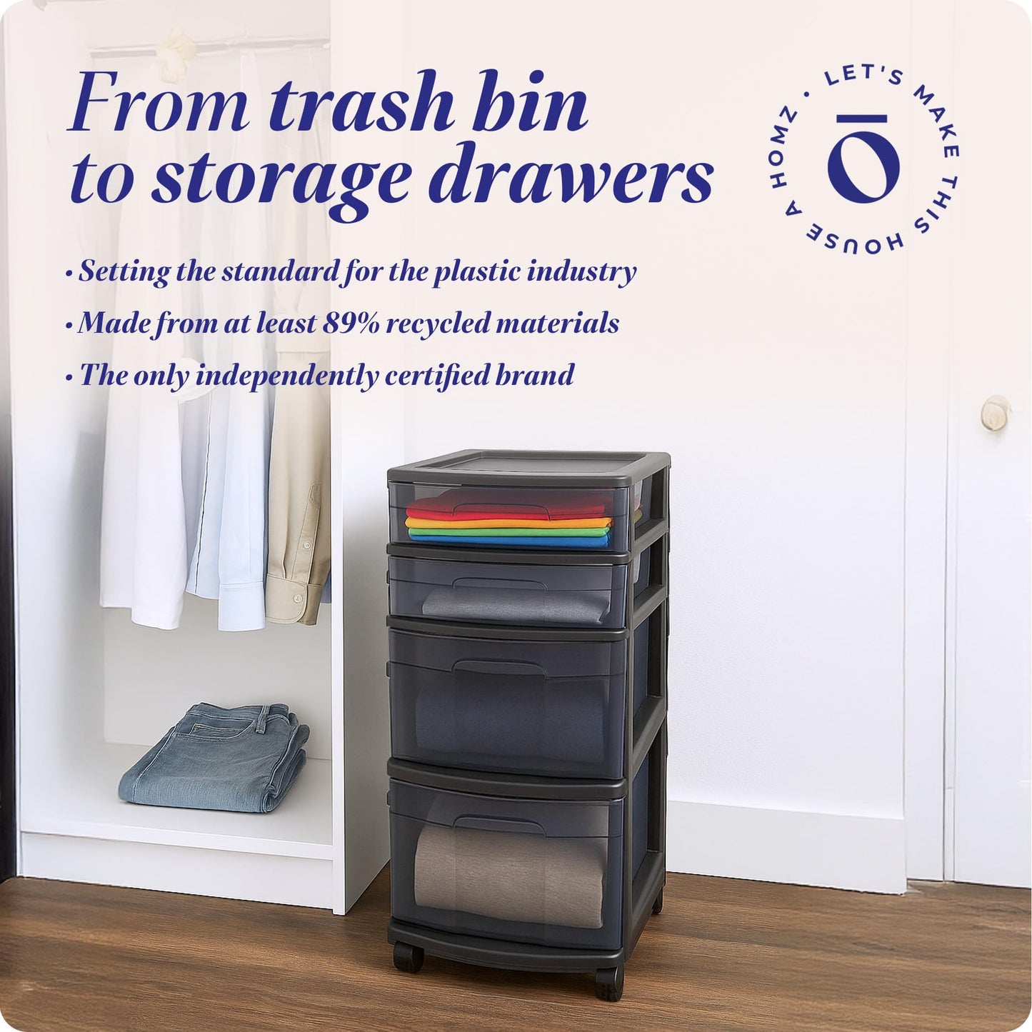 HOMZ Drawer Tower, 4-Tier Clear Plastic Storage Organizer Cart, Black Frame - Rolling Drawer Containers with Wheels for Bathroom, Bedroom, Office, and Classroom Organization