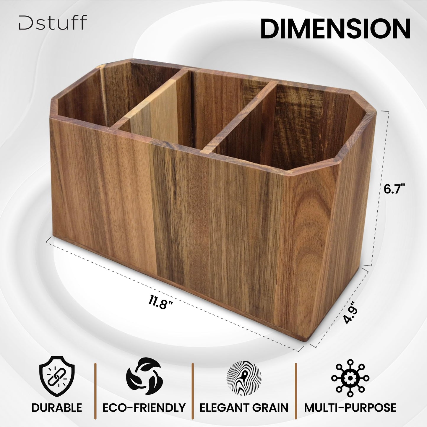 Large Kitchen Utensil Holder for Countertop – Acacia Wood Utensil Organizer with 3 Compartments, Beveled Edges Design, Non-Slip Silicone Pads & Drain Hole – Rustic Farmhouse Utensil Caddy Crock