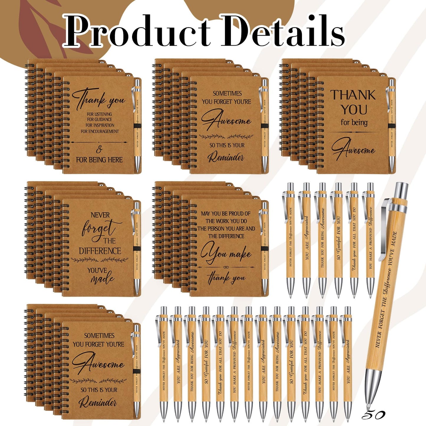 Glenmal 60 Pcs Thank You Gift Set Include Spiral Inspirational Notebooks Retractable Motivational Pens Employee Appreciation Gift Bulk Ruled Kraft Notebook Bamboo Thank You Pen for Teacher Coworker