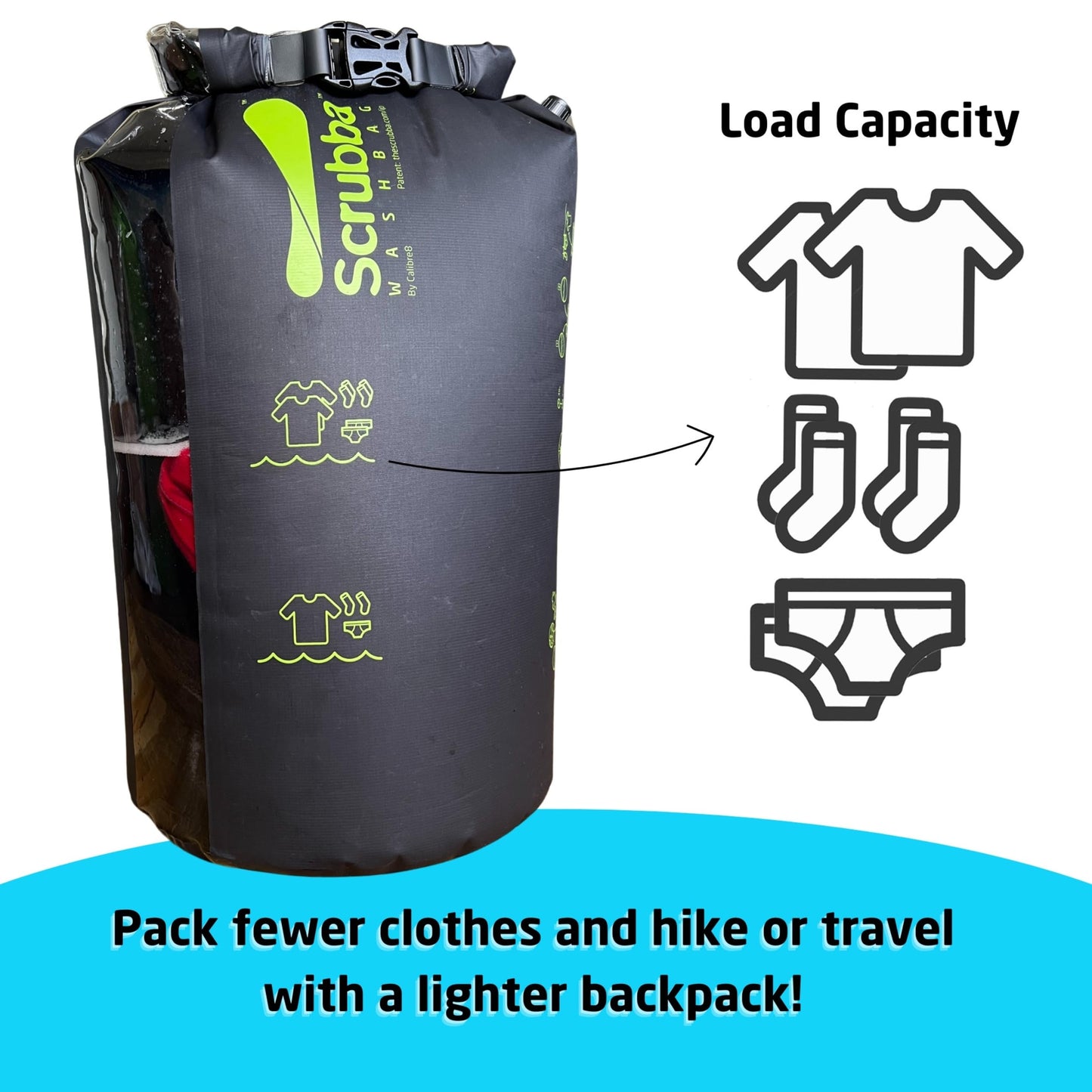 Scrubba Wash Bag - Patented Washboard-in-a-Bag™ Portable Manual Washing Machine for Travel, Camping, Backpacking & Cruise - Pack Light, Wash Clothes Anywhere in Minutes (5.3 oz)