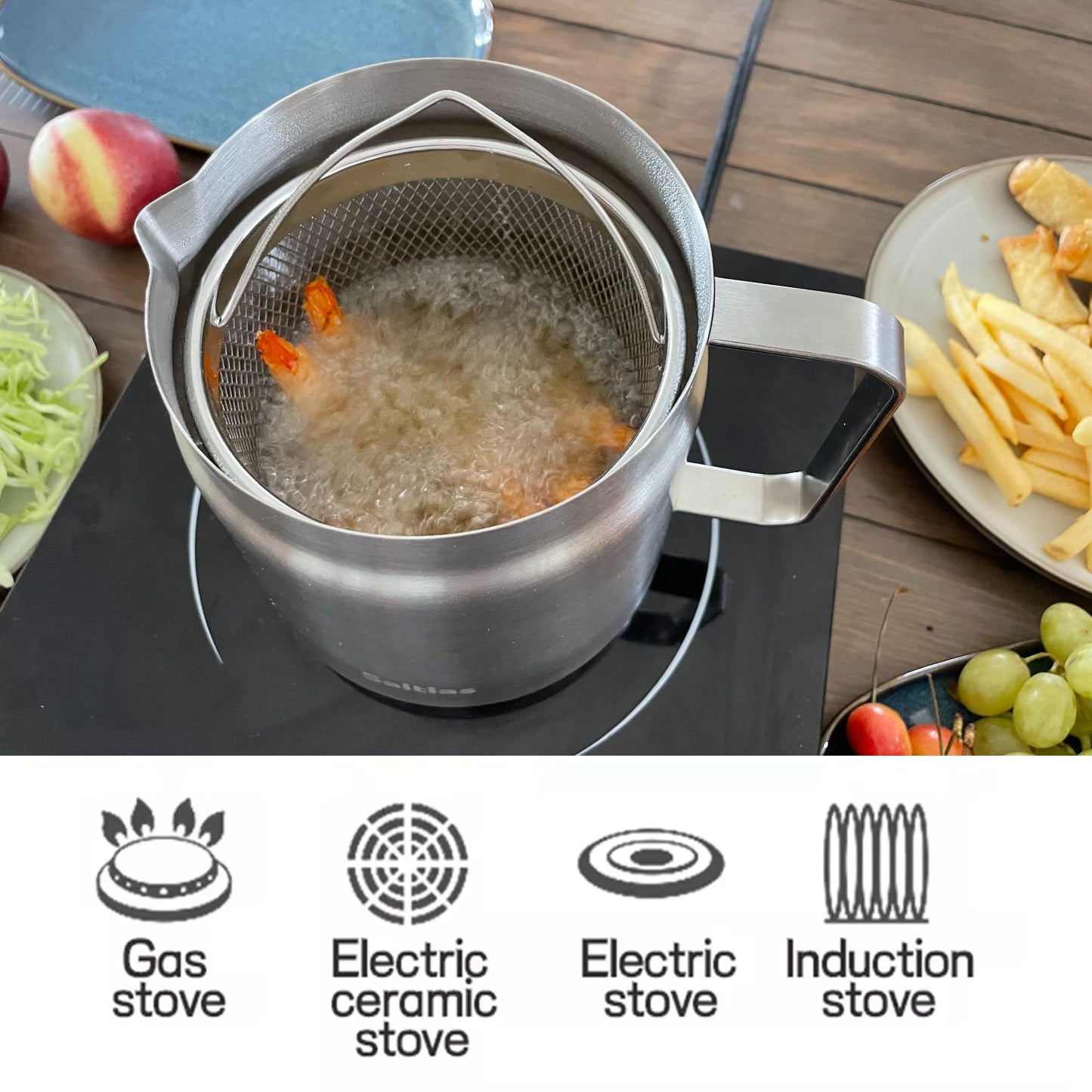 Saltlas 304 Stainless Steel Deep Fryer Pot with Basket and Oil Strainer, Double Bottom for Even Heating, Bacon Grease Container for Kitchen and Camping, Japanese Tempura Fryer, 2L (2Qt/68oz)