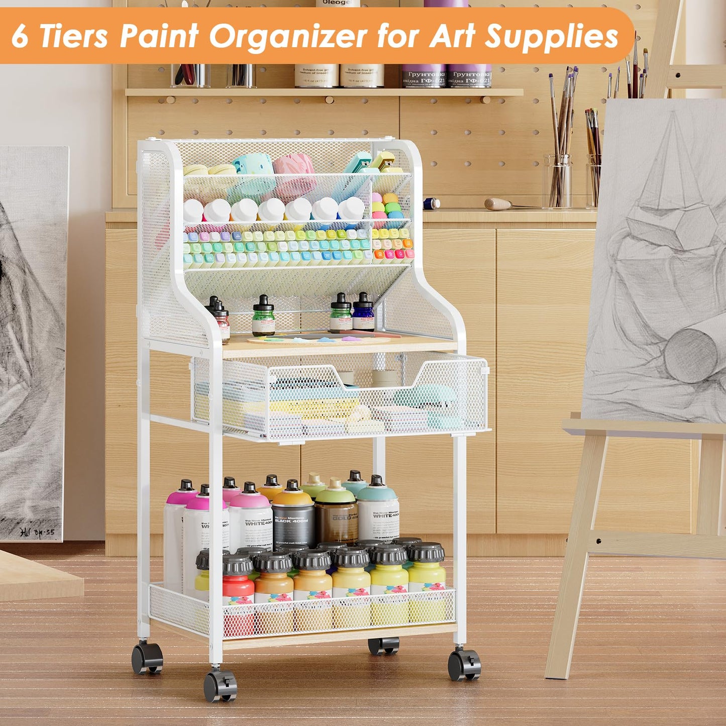 Small Utility Rolling Cart with Drawer, White Craft Organizer and Storage, Metal Craft Cart with Lockable Wheels, 6 Tiers Craft Storage Paint Organizer, Store for Brushes Paints Artifacts Small Parts