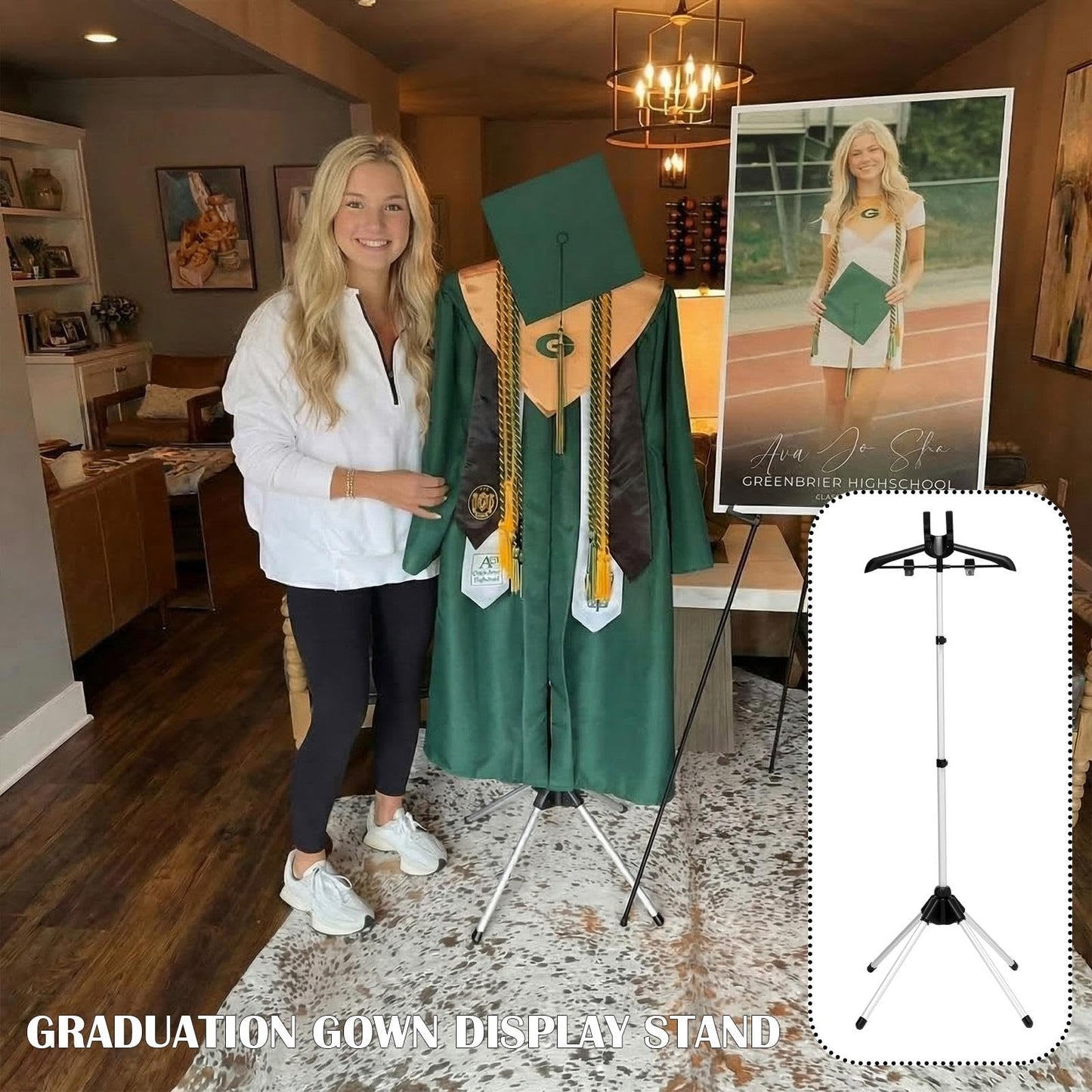 Bucherry Graduation Gown Display Stand Adjustable Garment Hanger for T Shirt Portable Hanging Metal Clothes Stand for Cap Clothing Jacket Coat Shirt Display (Rack,Silver and Black,32"-63")