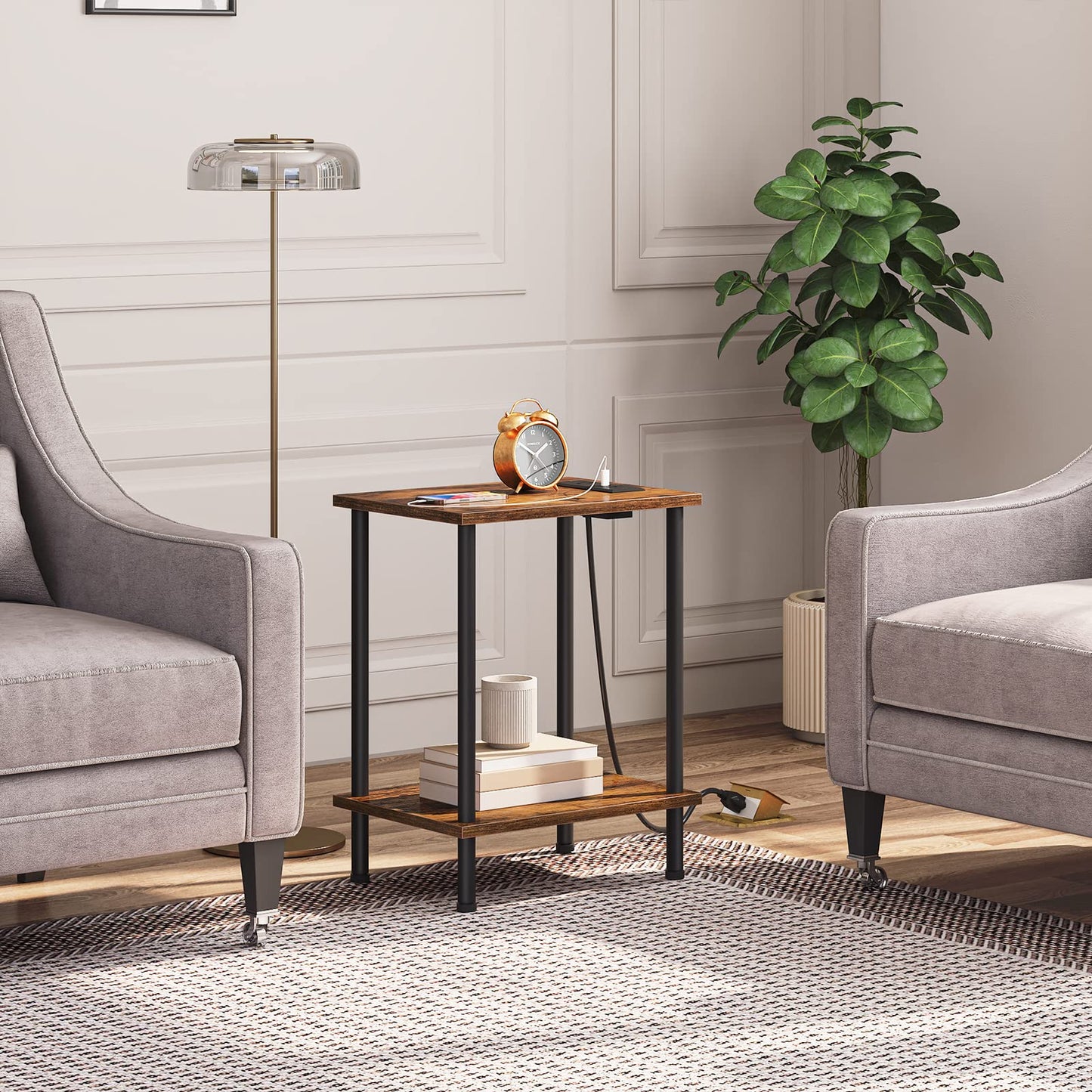 HOOBRO Side Table with Charging Station, Small End Table with USB Port and Outlet, Nightstand with 2-Layer Storage Shelves for Small Spaces, Living Room, Bedroom, Stable Frame, Rustic Brown BF09UBZ01