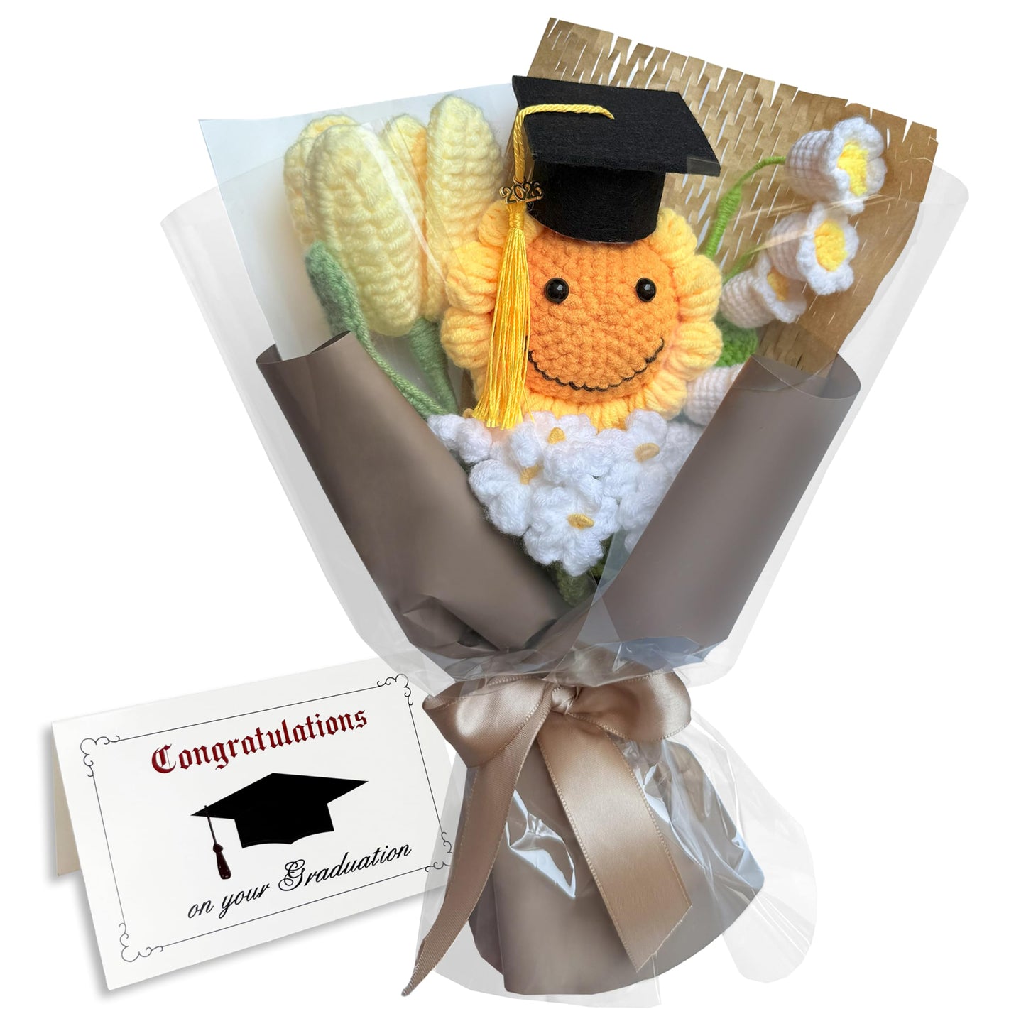 Cayiibe Graduation Gifts Sunflower Crochet Flowers Bouquet with Greeting Cards Handmade Knitted Artificial Flowers Home Decor