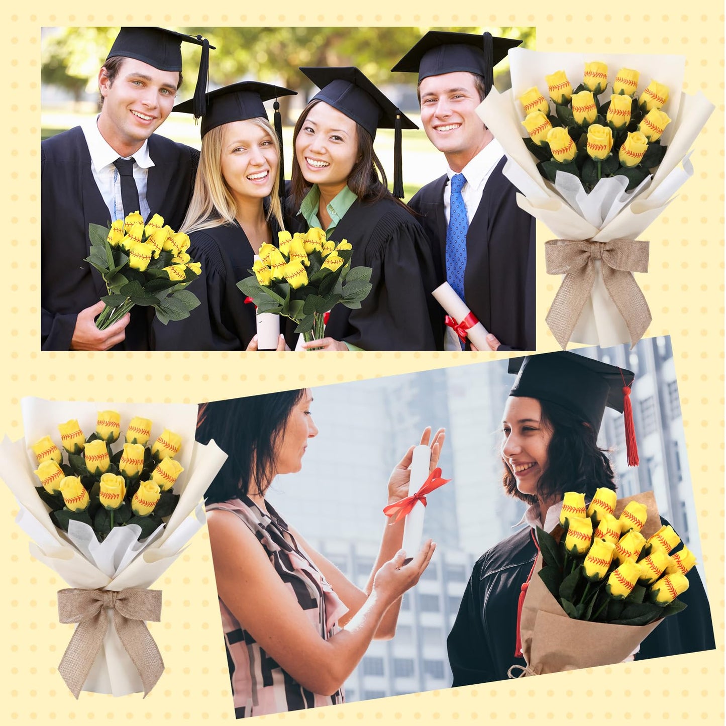 Hotop 12 Pcs Softball Roses with Leaves Artificial Yellow Rose Bouquet for Softball Team Senior Fans Coach Gift Sports Theme Graduation Wedding Party Decoration