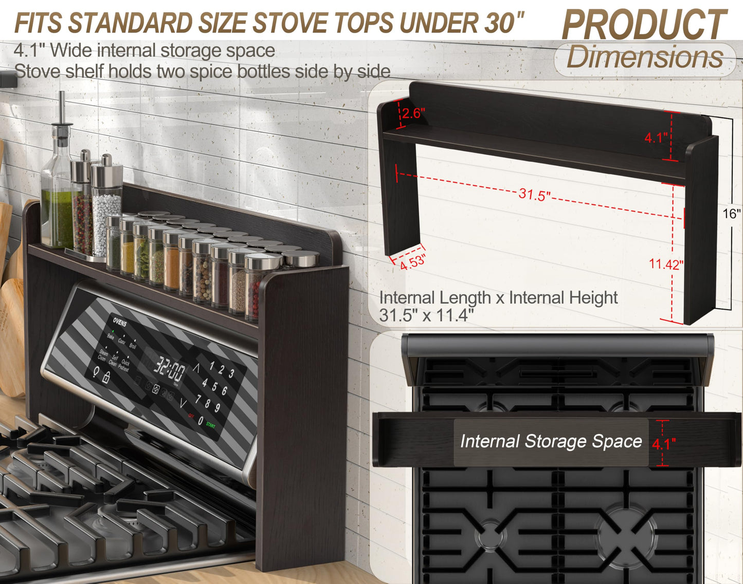 MyLifeUNIT Over The Stove Shelf, 31.5" Wood Stove Top Shelf for Back of Gas Stove, Electric Stove or Curved Stove Spice Rack Shelf for Countertop, Black