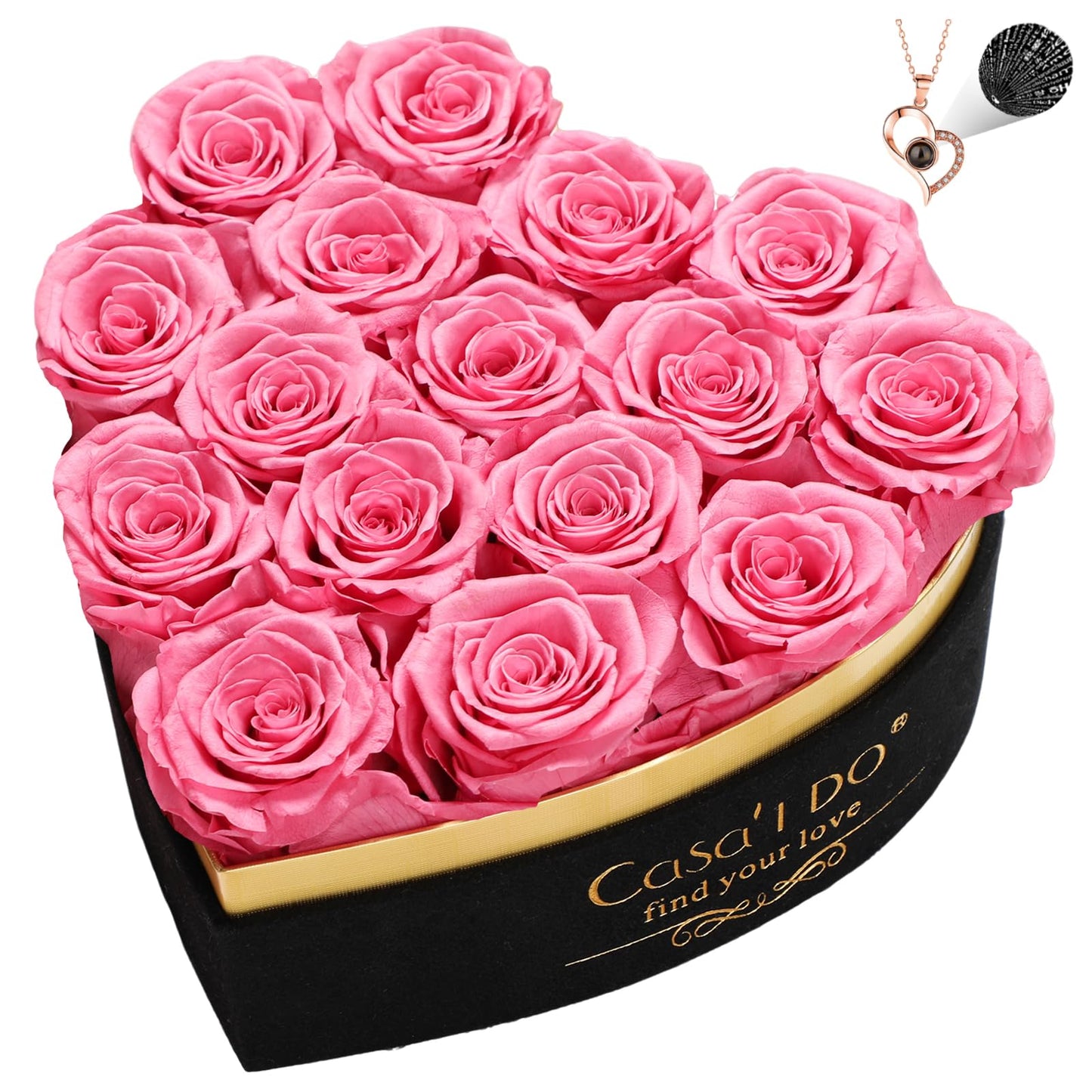 Casaido Preserved Roses Flowers for Delivery 16 Pcs, Mothers Day Rose Gifts for Her, Forever Flores in Heart Box with Necklace, Anniversary Birthday Christmas Vanlentines Gift for Wife Mom, Pink
