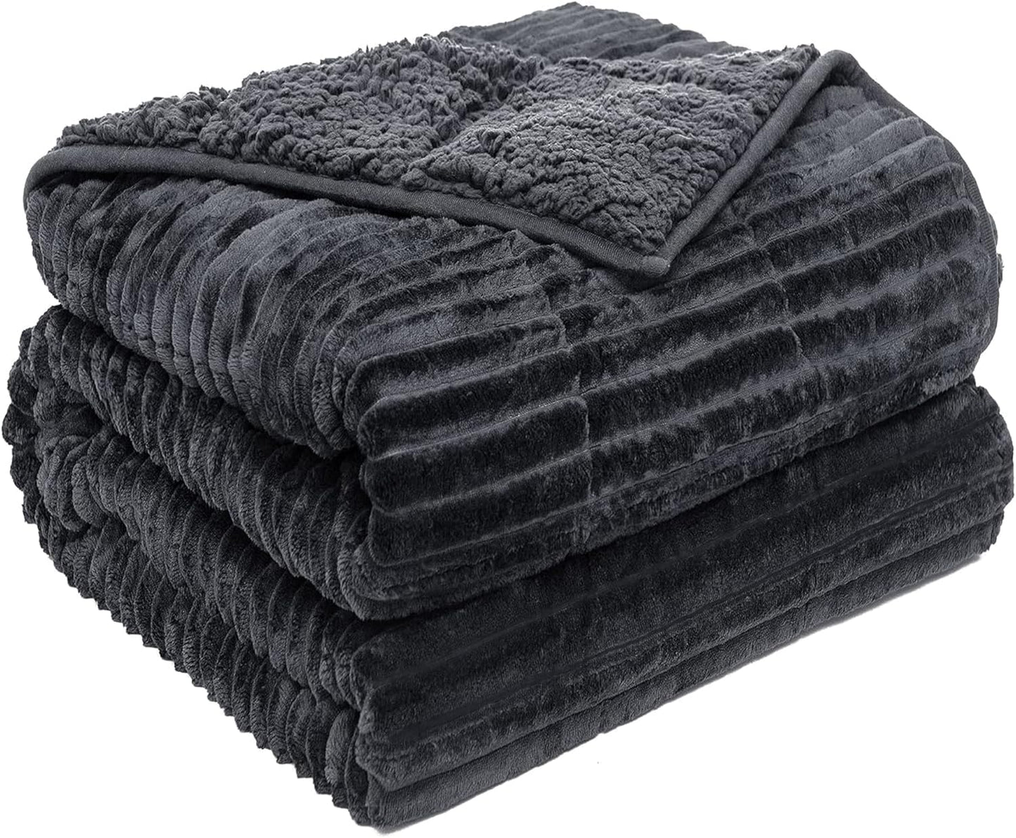 Sherpa Fleece Adult Weighted Blanket with Ribbed Stripes, 15 Pounds Dual Sided Soft Plush Blanket for Couch Bed Sofa, Heavy Thick Blankets with Glass Beads Great for Sleep, Dark Grey, 48" x 72"