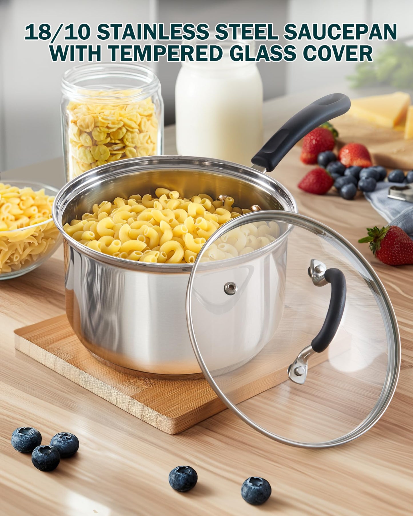 Cook N Home Professional Double Boiler Saucepan 2-Quart, 18-10 Stainless Steel Steam Melting Pot for Butter Chocolate Cheese, Tempered Glass Lid, Silver