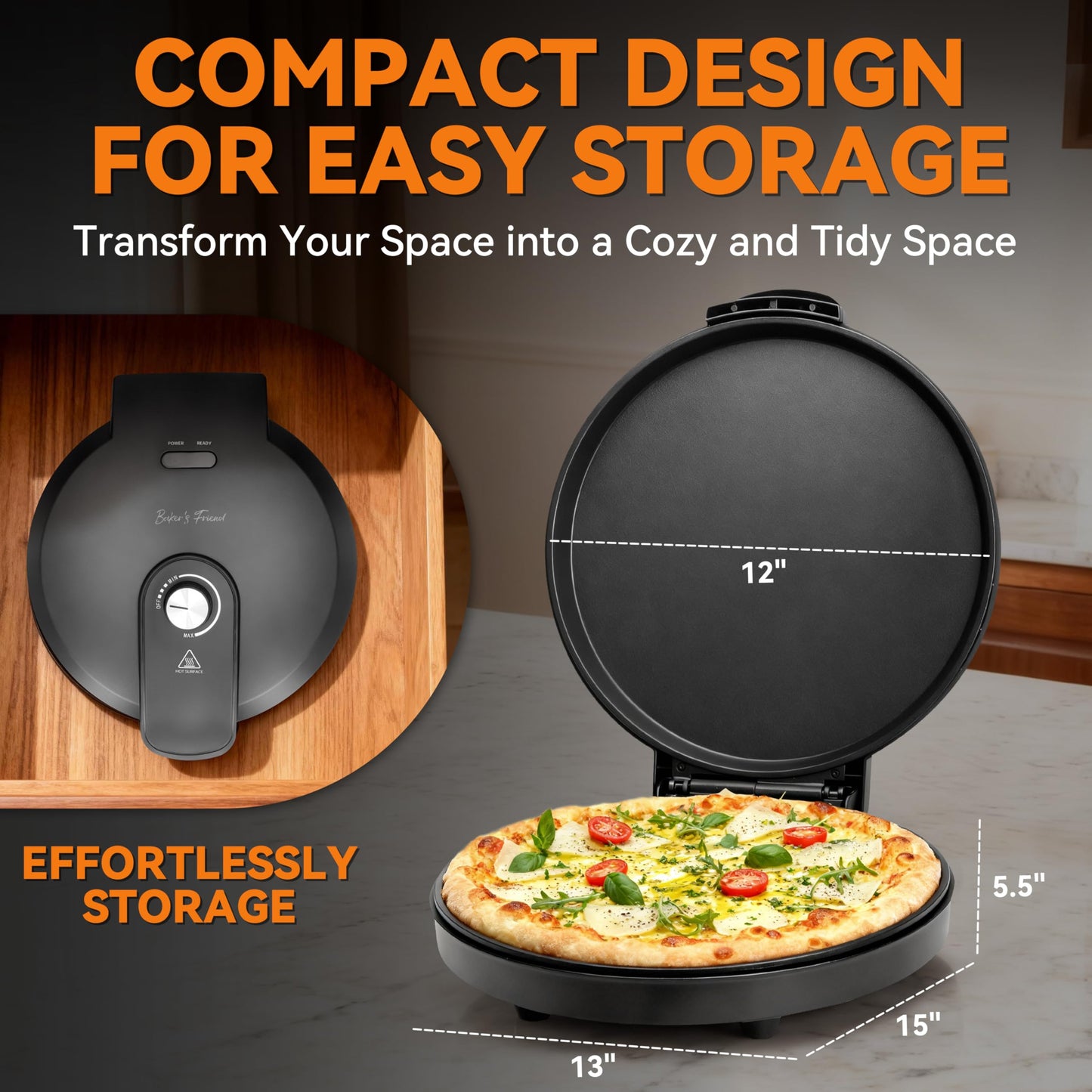 Baker’s Friend Pizza Maker Electric with Temperature Control, Indoor Quesadilla Maker, 12 Inch Electric Pizza Maker Machine for Home, Pizza Cooker, 1400W, Graphite